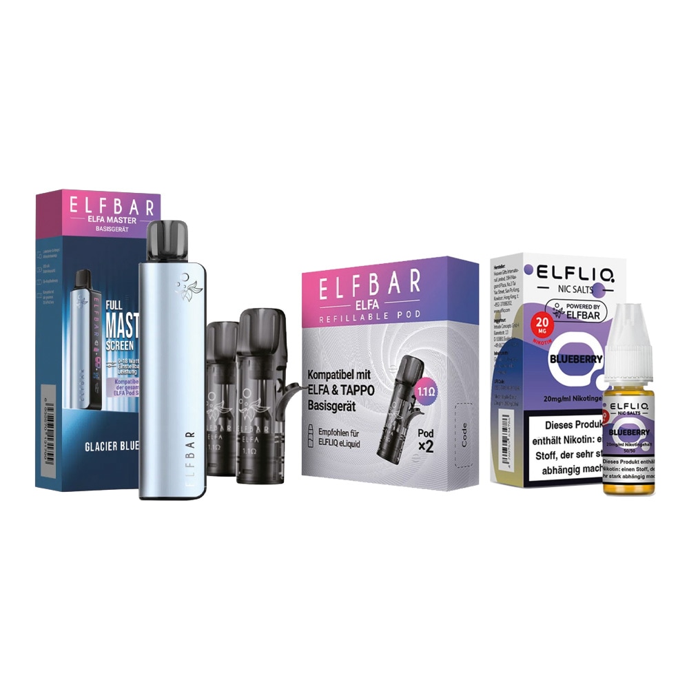 ELFBAR ELFA MASTER Basisger&auml;t - Glacier Blue mit Refillable Pods 2er Pack und ELFBAR ELFLIQ - Blueberry Nicotine Salt Liquid 10ml 20mg - Bild 1