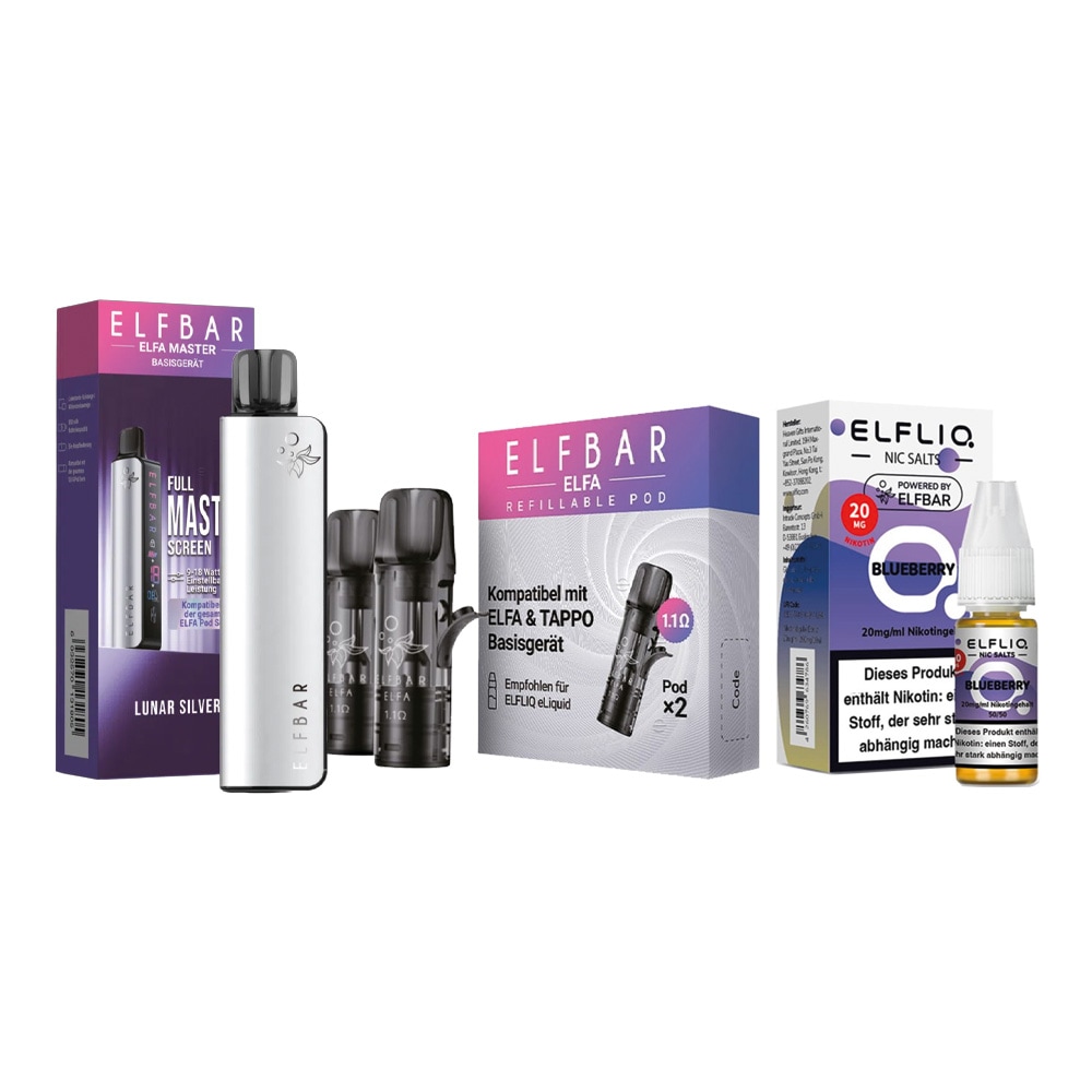 ELFBAR ELFA MASTER Basisger&auml;t - Lunar Silver mit Refillable Pods 2er Pack und ELFBAR ELFLIQ - Blueberry Nicotine Salt Liquid 10ml 20mg - Bild 1