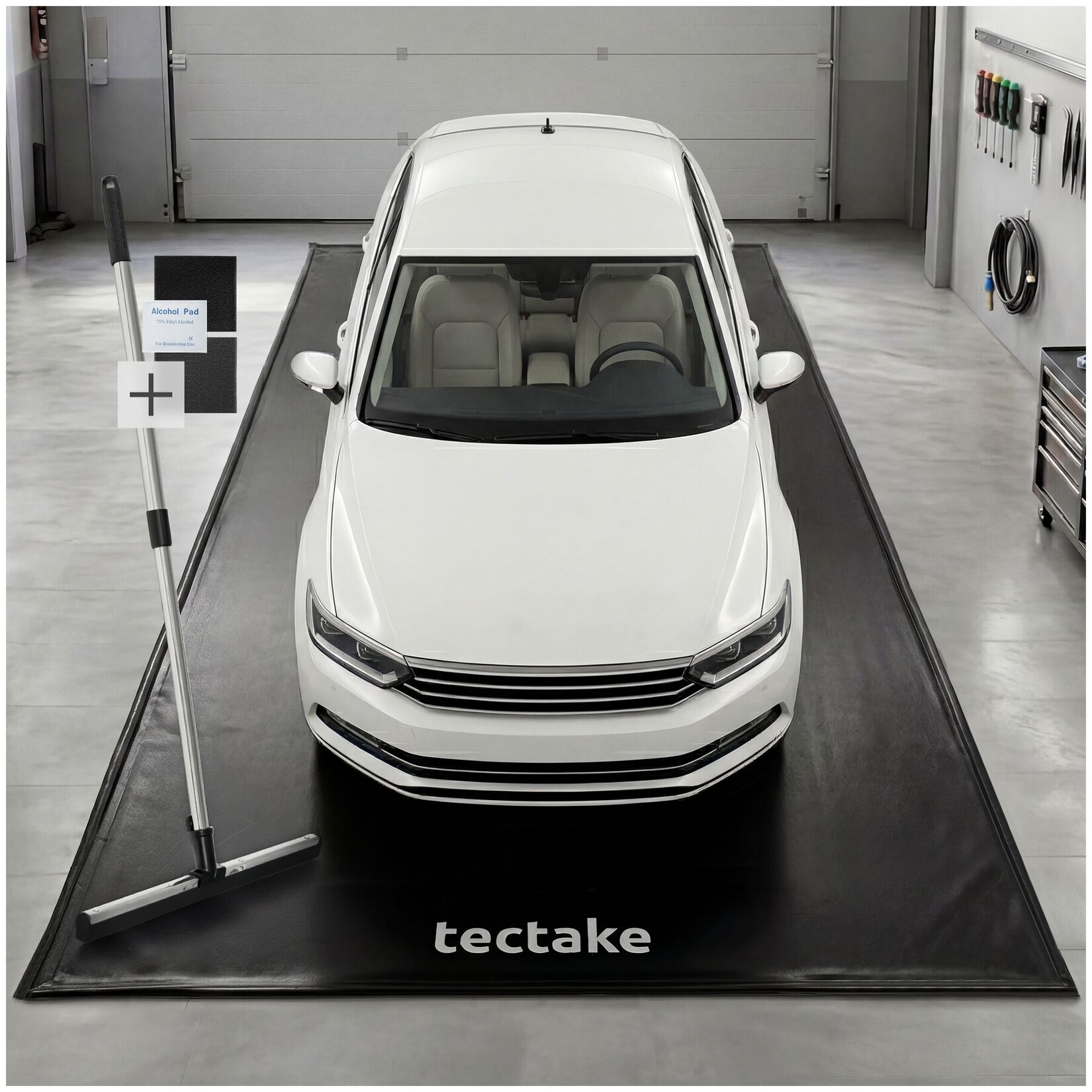 tectake® Garagenbodenmatte, 2,4 x 5,5 m, mit Klettpads und Alkoholtüchern, inklusive ausziehbarem Abzieher