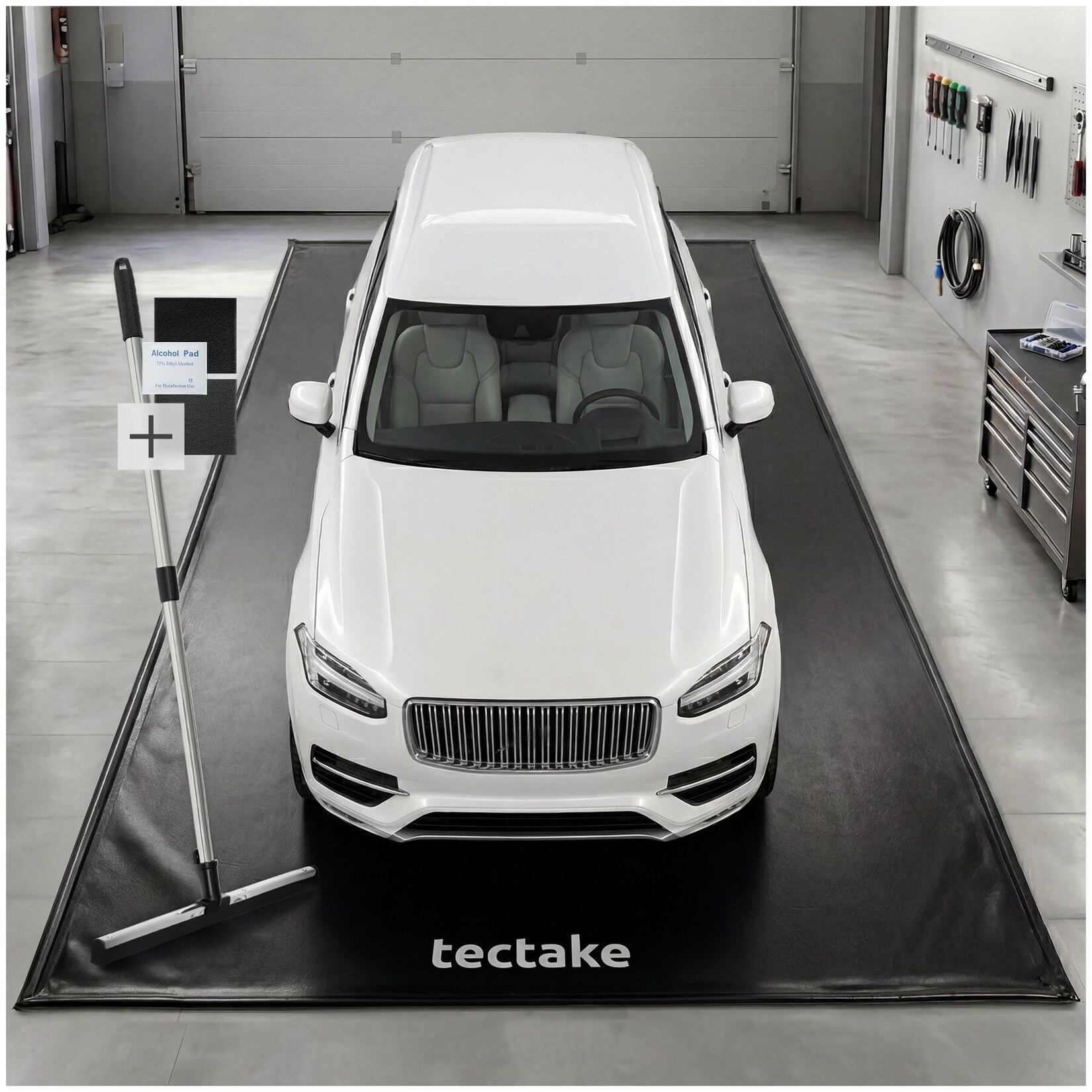 tectake® Garagenbodenmatte, 2,6 x 6,1 m, mit Klettpads und Alkoholtüchern, inklusive ausziehbarem Abzieher