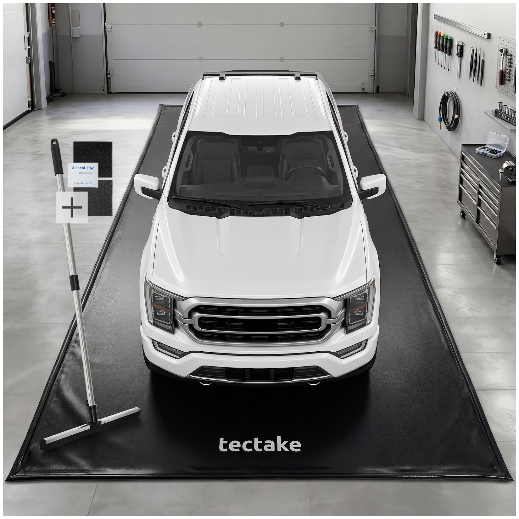 tectake® Garagenbodenmatte, 2,6 x 6,7 m, mit Klettpads und Alkoholtüchern, inklusive ausziehbarem Abzieher