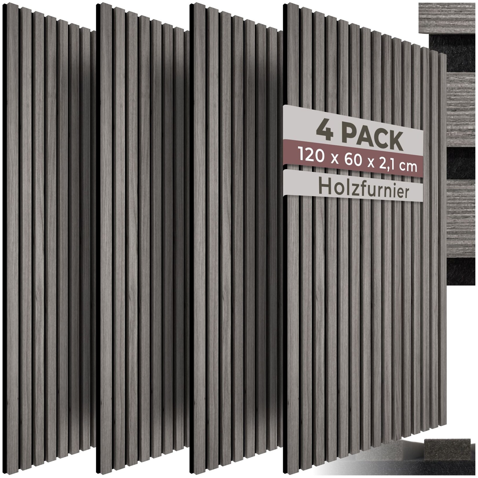 tectake® Akustikpaneele, Holzoptik in Eiche hellgrau, MDF und Echtholzfurnier, je 60 x 120 x 2,1 cm, Größe flexibel anpassbar