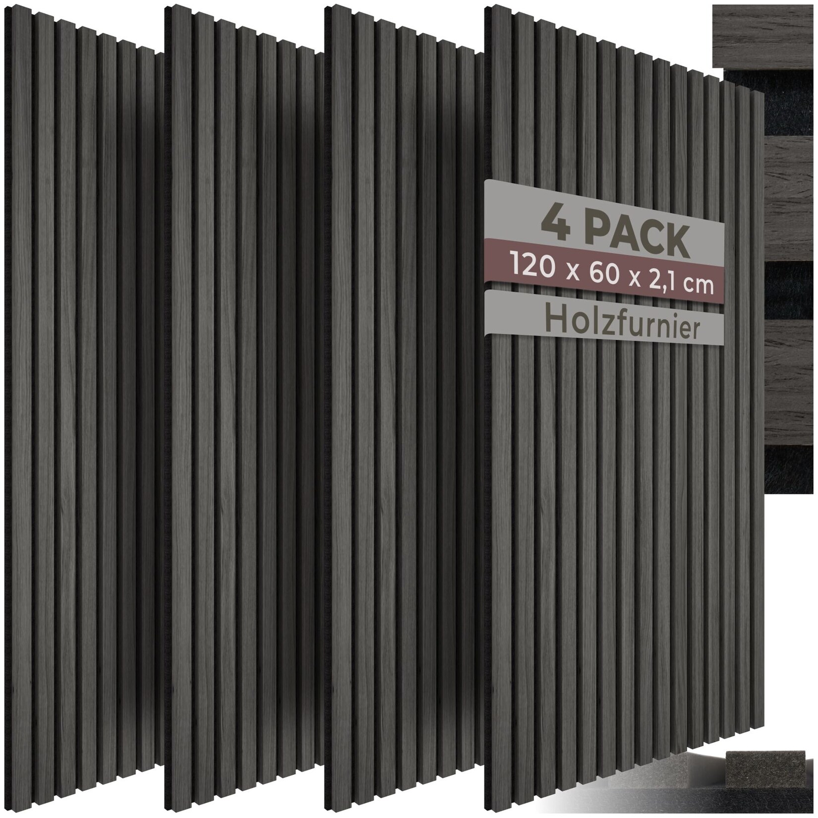tectake® Akustikpaneele, Holzoptik in Eiche schwarz, MDF und Echtholzfurnier, je 60 x 120 x 2,1 cm, Größe flexibel anpassbar