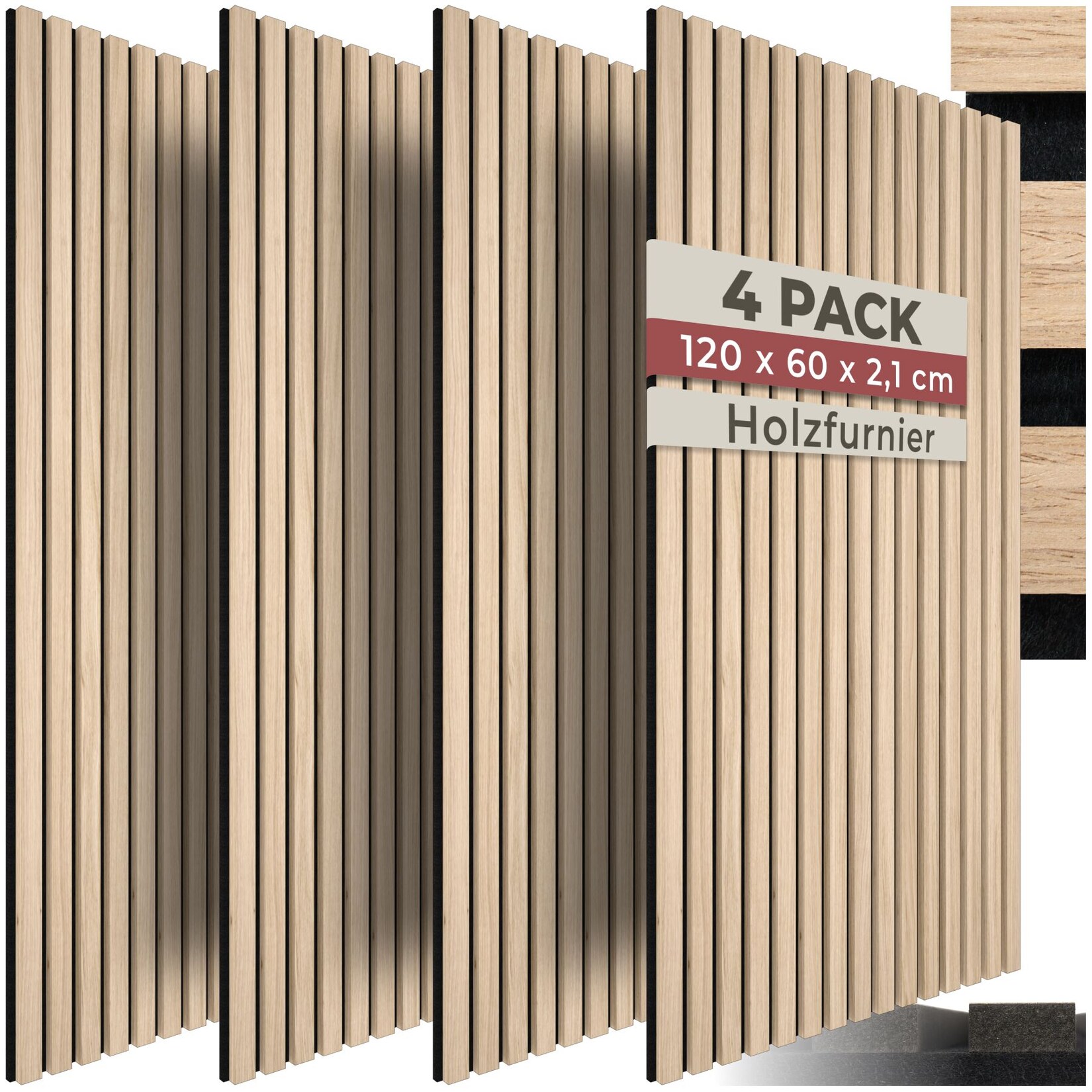 tectake® Akustikpaneele, Holzoptik in Eiche hell, MDF und Echtholzfurnier, je 60 x 120 x 2,1 cm, Größe flexibel anpassbar