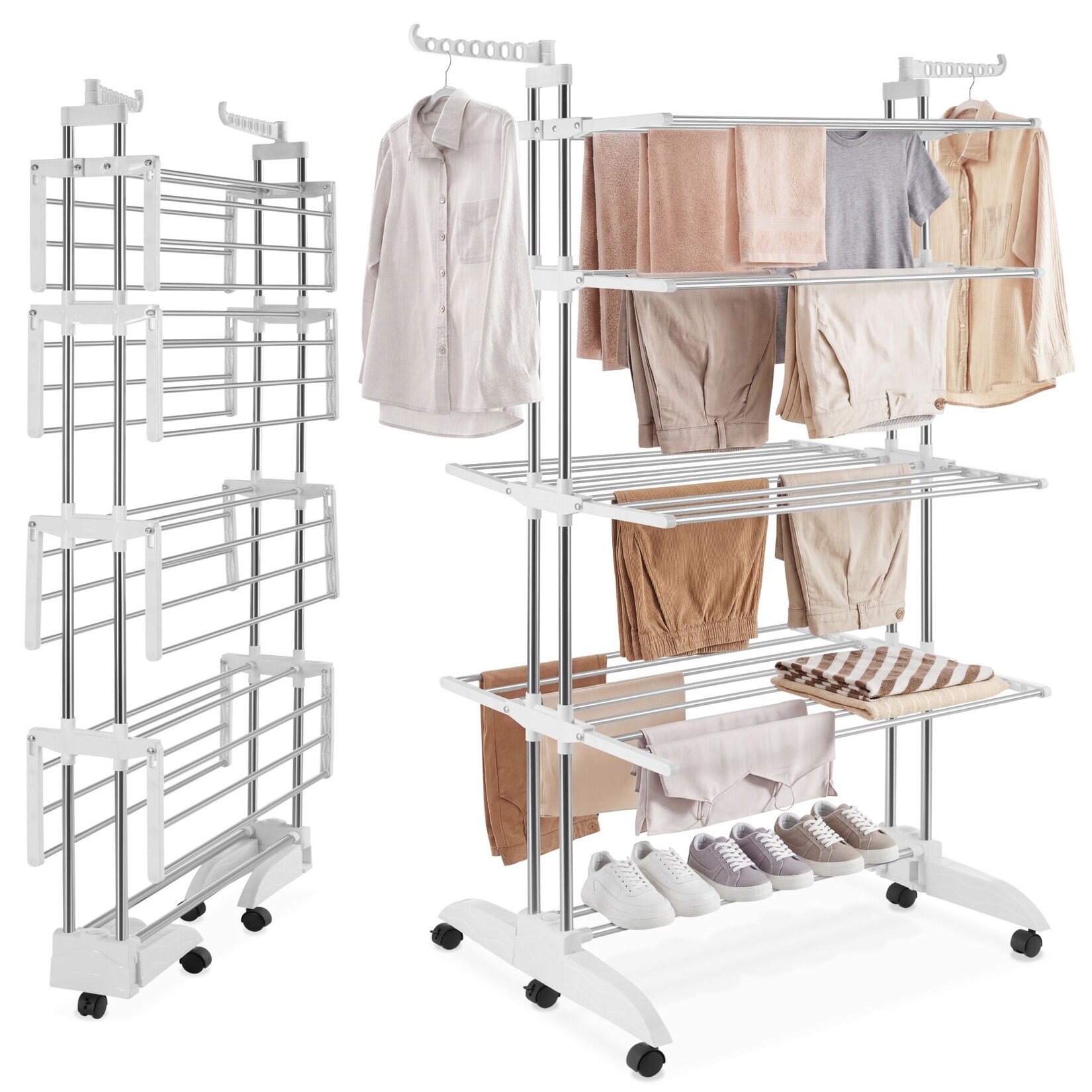 tectake® Turmwäscheständer, klappbar, 2 schwenkbare Seitenflügel, 6 drehbare Doppelrollen, 2 mit Feststellbremsen