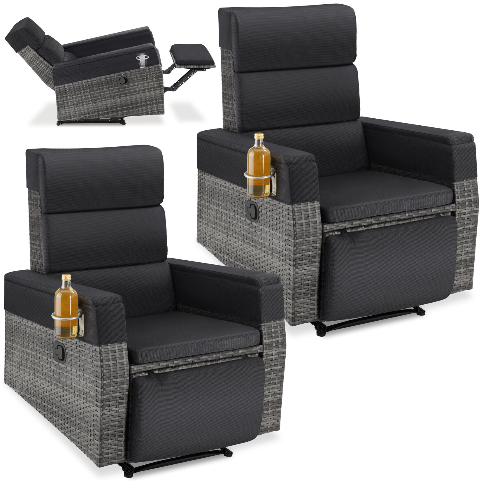tectake® Aluminium Rattansessel, verstellbare Rückenlehne und Fußablage, abnehmbare Polster mit waschbaren Bezügen, Belastbarkeit , 80 x 80 - 157 x 80 - 97 cm