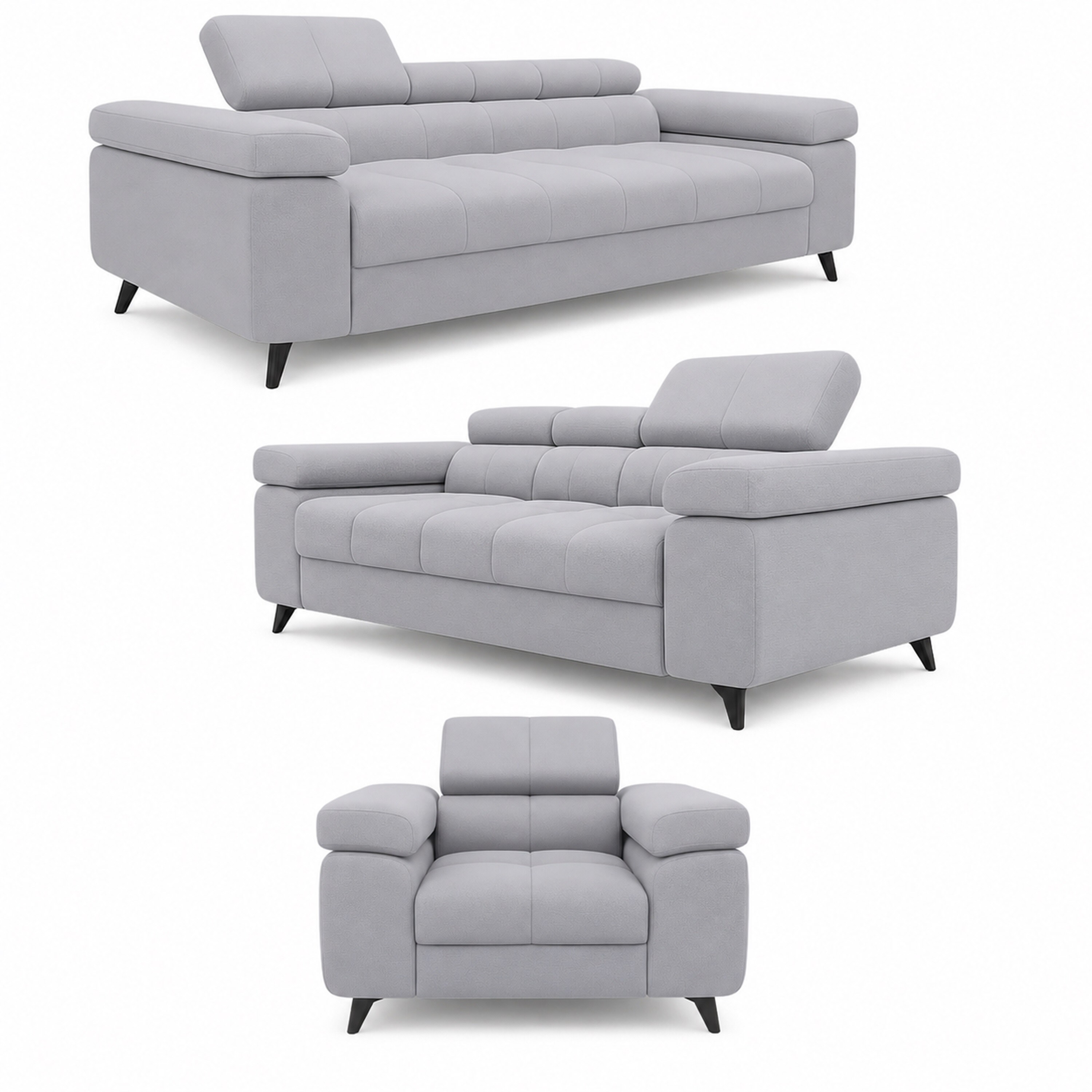 3-2-1 Sofa Set Utah Silbergrau Velvet Premium Bettfunktion und verstellbaren Kopfst&uuml;tzen - Bild 1