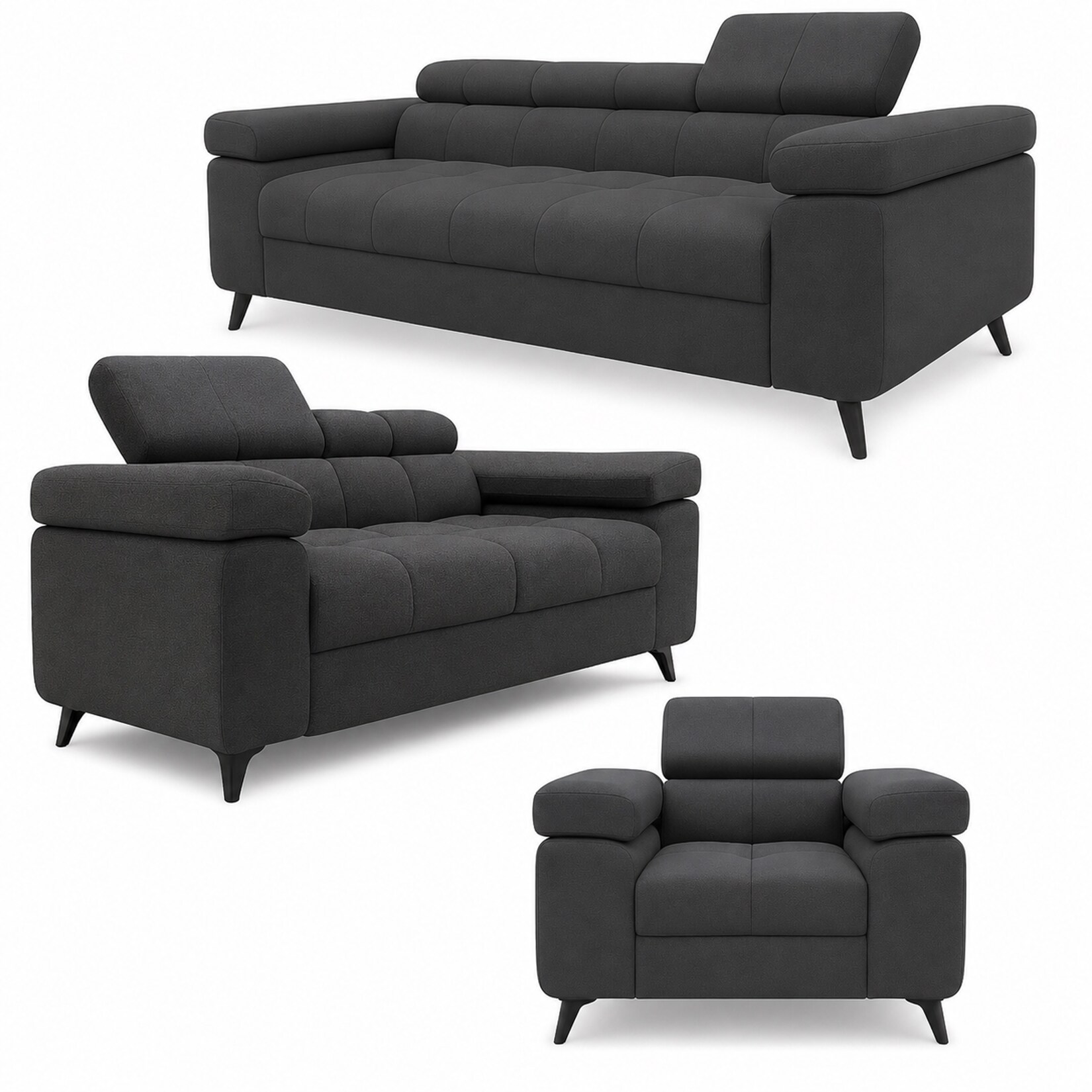 3-2-1 Sofa Set Utah Anthrazit Velvet Premium Bettfunktion und verstellbaren Kopfstützen