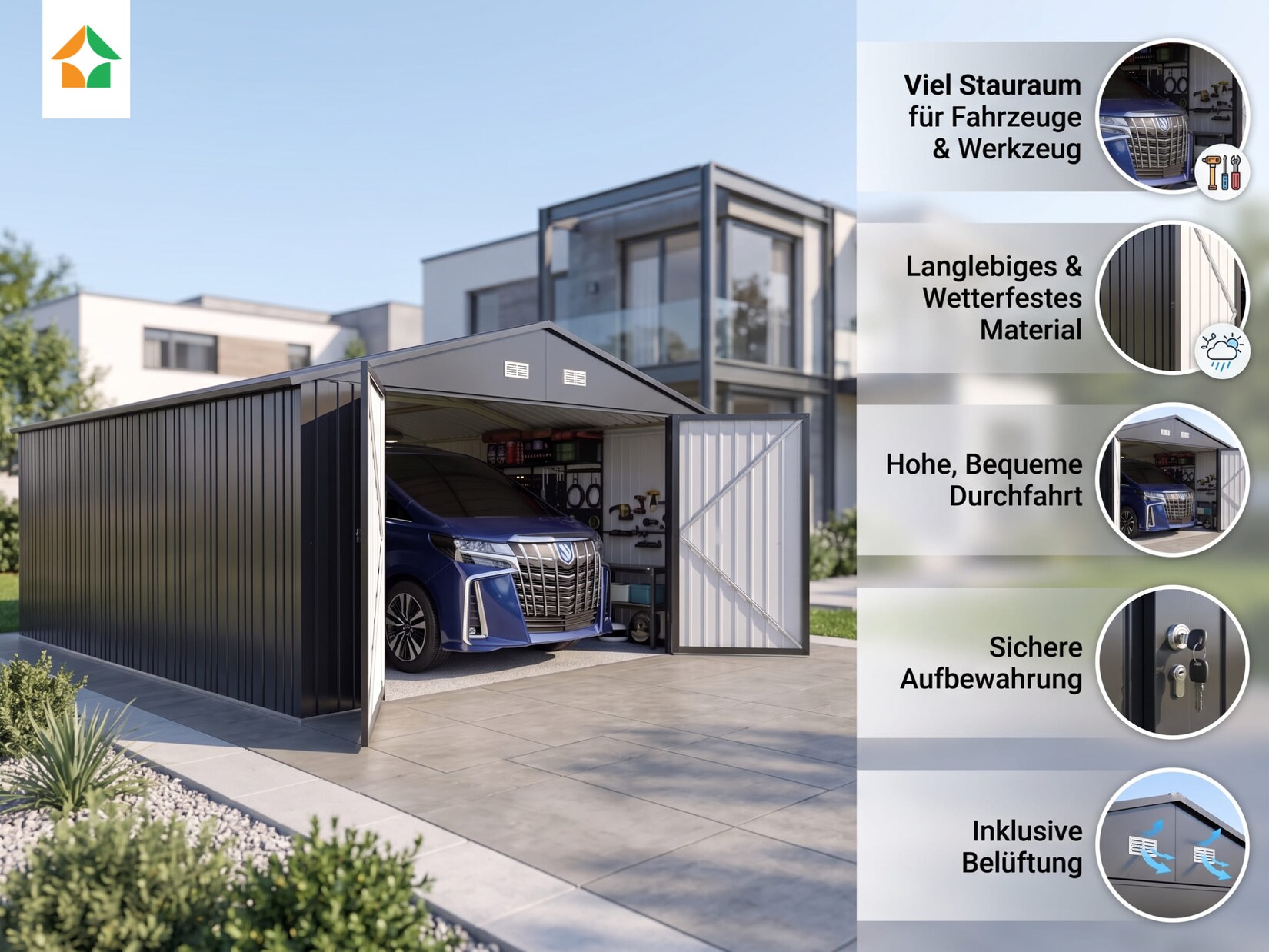 Gerätehaus / Garage aus verzinktem Stahl 557 x 339 x 239 cm – Grau