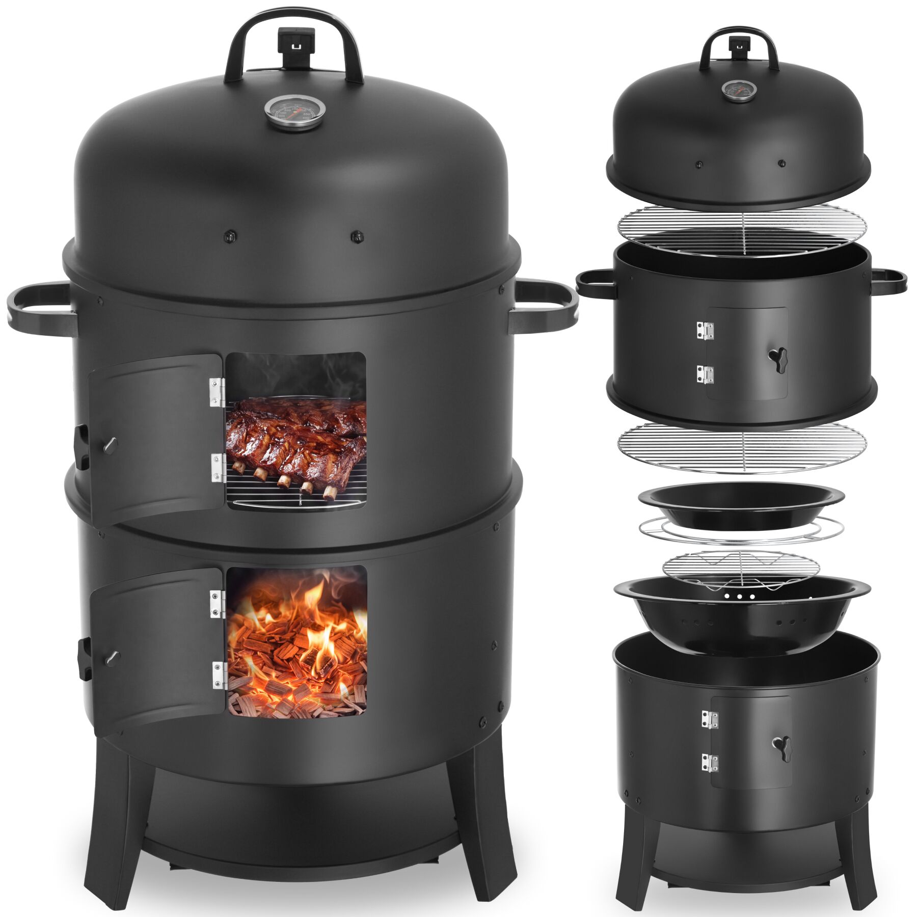 tectake&reg; R&auml;uchertonne, 3 in 1, zum Grillen, R&auml;uchern, Garen, Kohlerost und Ascheschale, &Oslash; 41 cm - Bild 1
