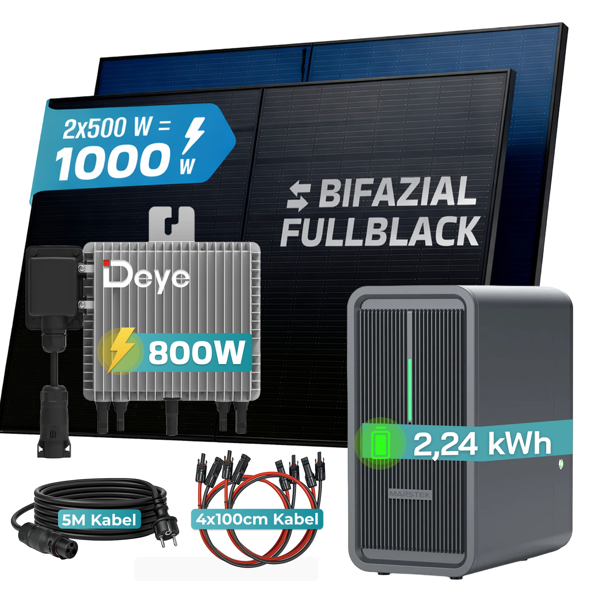 SUNNIVA&reg; 1000W Balkonkraftwerk Deye mit 2,24 kWh Speicher MARSTEK B2500-D, BIFAZIAL FULLBLACK komplett Steckdose, PV Solaranlage Komplettset mit Solarspeicher, 2x 500W N-Type Glas Bifacial Module - Bild 1