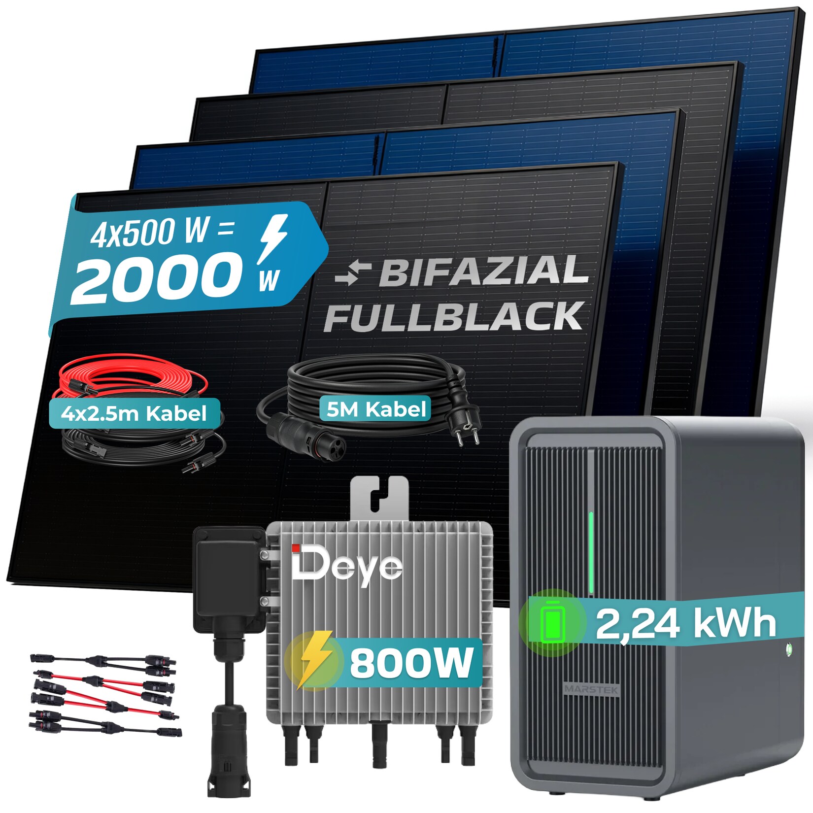 ® 2000W Balkonkraftwerk Deye mit 2,24 kWh Speicher MARSTEK B2500-D, BIFAZIAL FULLBLACK komplett Steckdose, PV Solaranlage Komplettset mit Solarspeicher, 4x 500W N-Type Glas Bifacial Module
