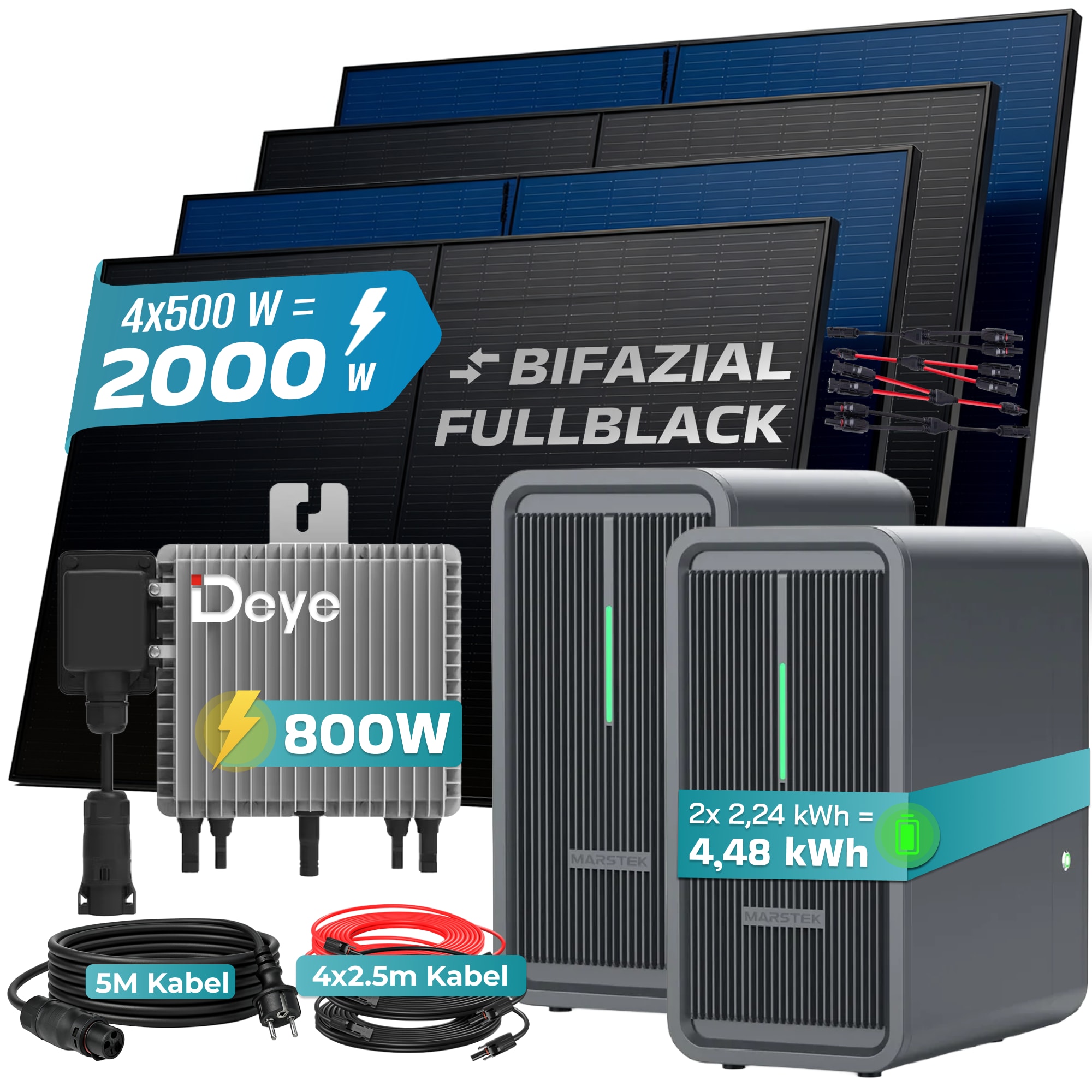 SUNNIVA&reg; 2000W Balkonkraftwerk Deye mit 4,48 kWh Speicher MARSTEK B2500-D, BIFAZIAL FULLBLACK komplett Steckdose, PV Solaranlage Komplettset mit Solarspeicher, 4x 500W N-Type Glas Bifacial Module - Bild 1