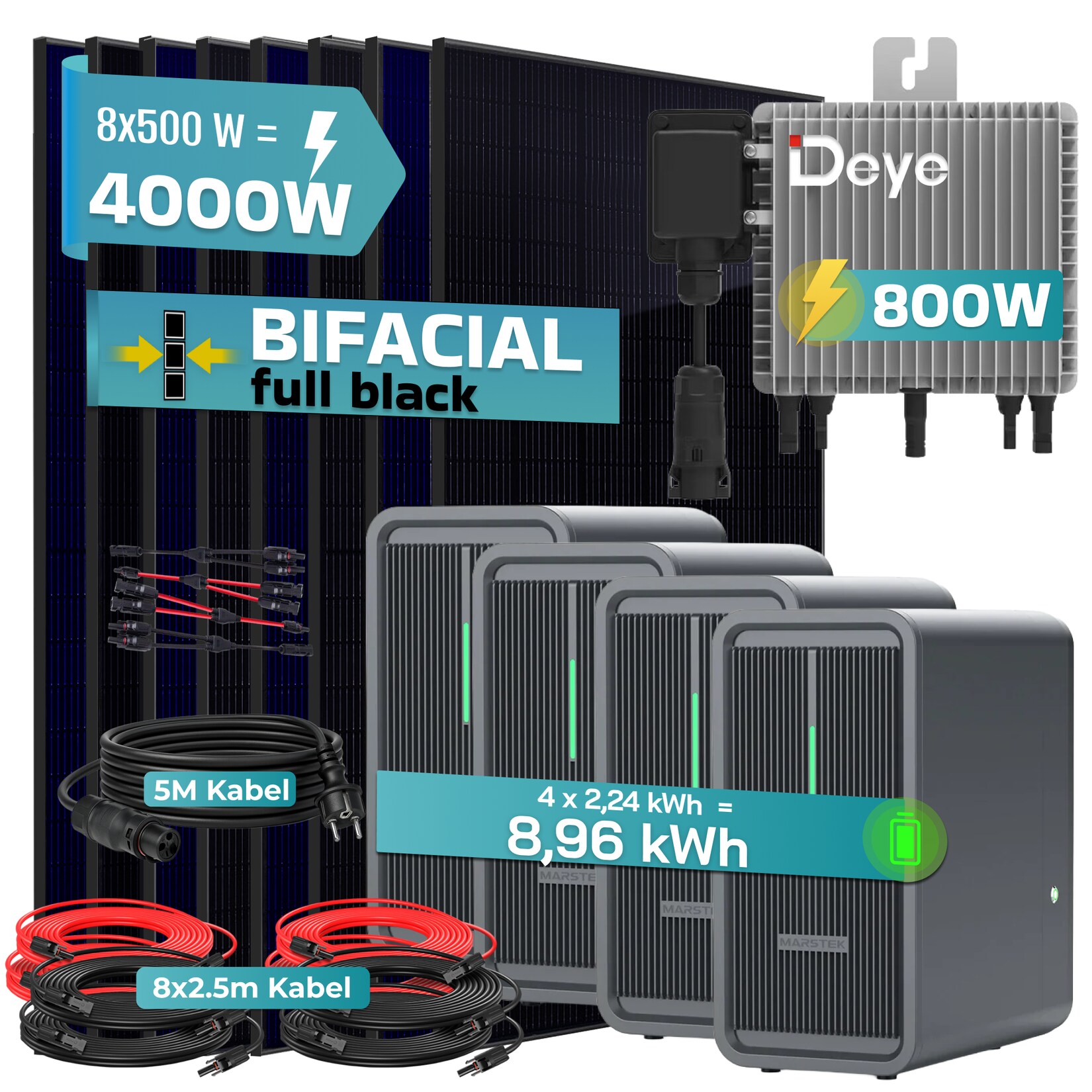 ® 4000W Balkonkraftwerk Deye mit 8,96 kWh Speicher MARSTEK B2500-D, BIFAZIAL FULLBLACK komplett Steckdose, PV Solaranlage Komplettset mit Solarspeicher, 8x 500W N-Type Glas Bifacial Module