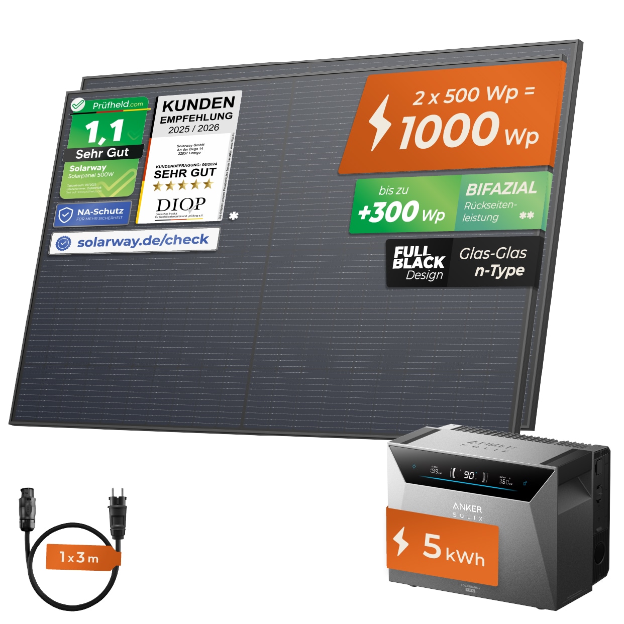 SOLARWAY Balkonkraftwerk 1000 Watt | Anker SOLIX Solarbank 4 Pro - Bild 1