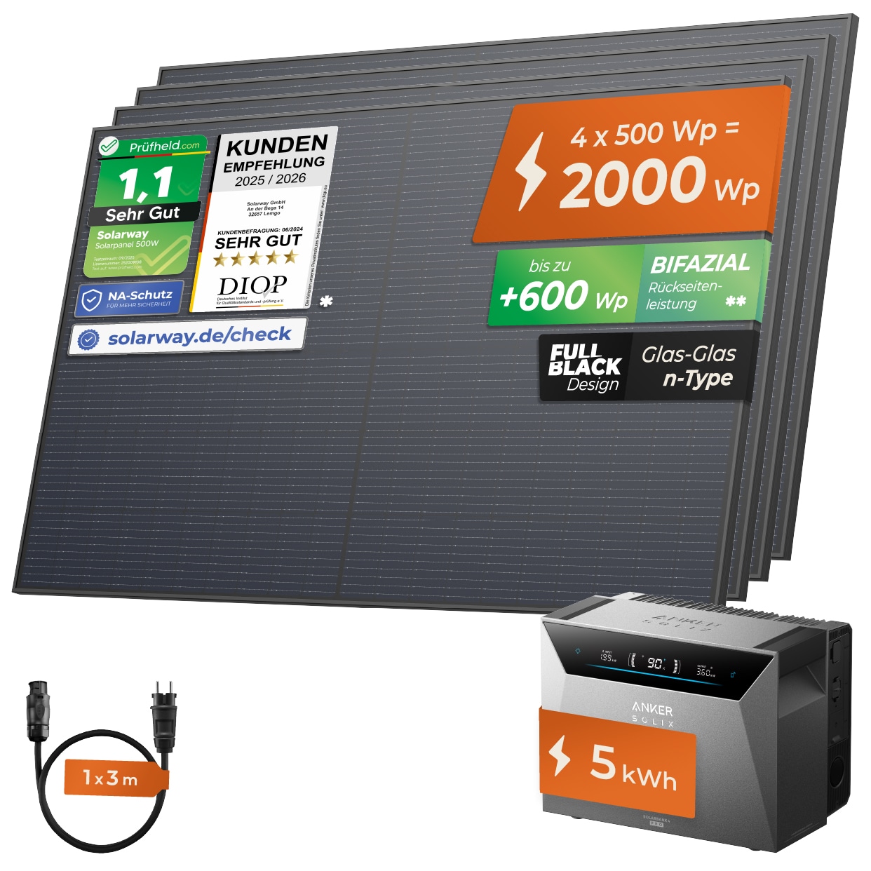 SOLARWAY Balkonkraftwerk 2000 Watt | Anker SOLIX Solarbank 4 Pro - Bild 1
