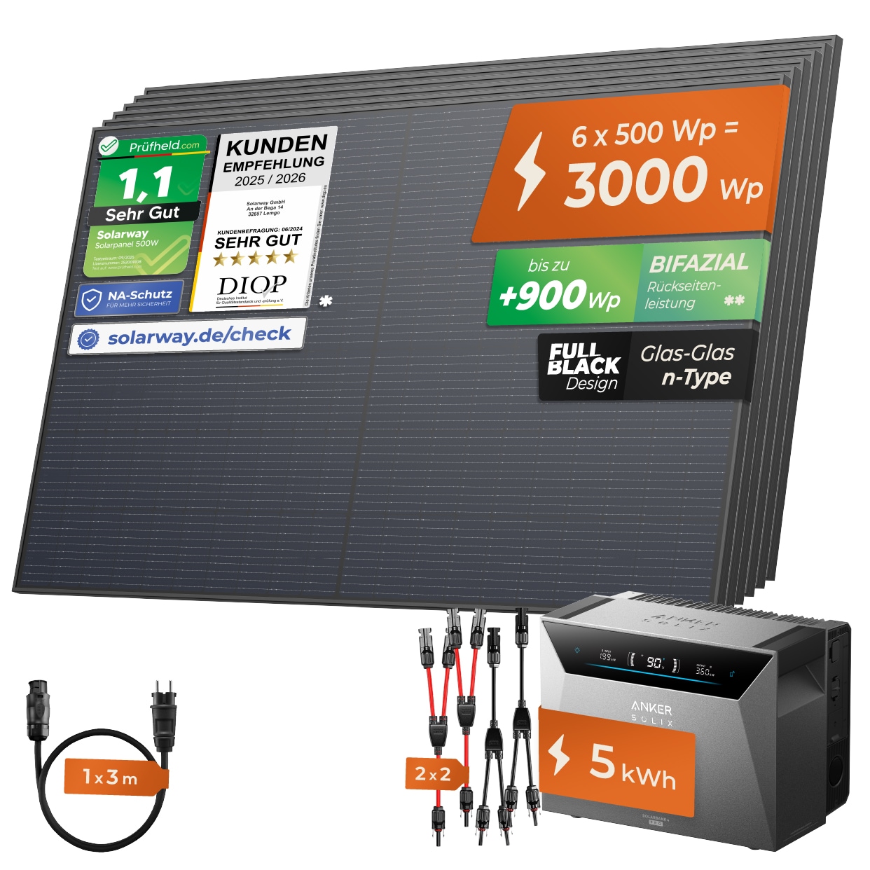 SOLARWAY Balkonkraftwerk 3000 Watt | Anker SOLIX Solarbank 4 Pro - Bild 1