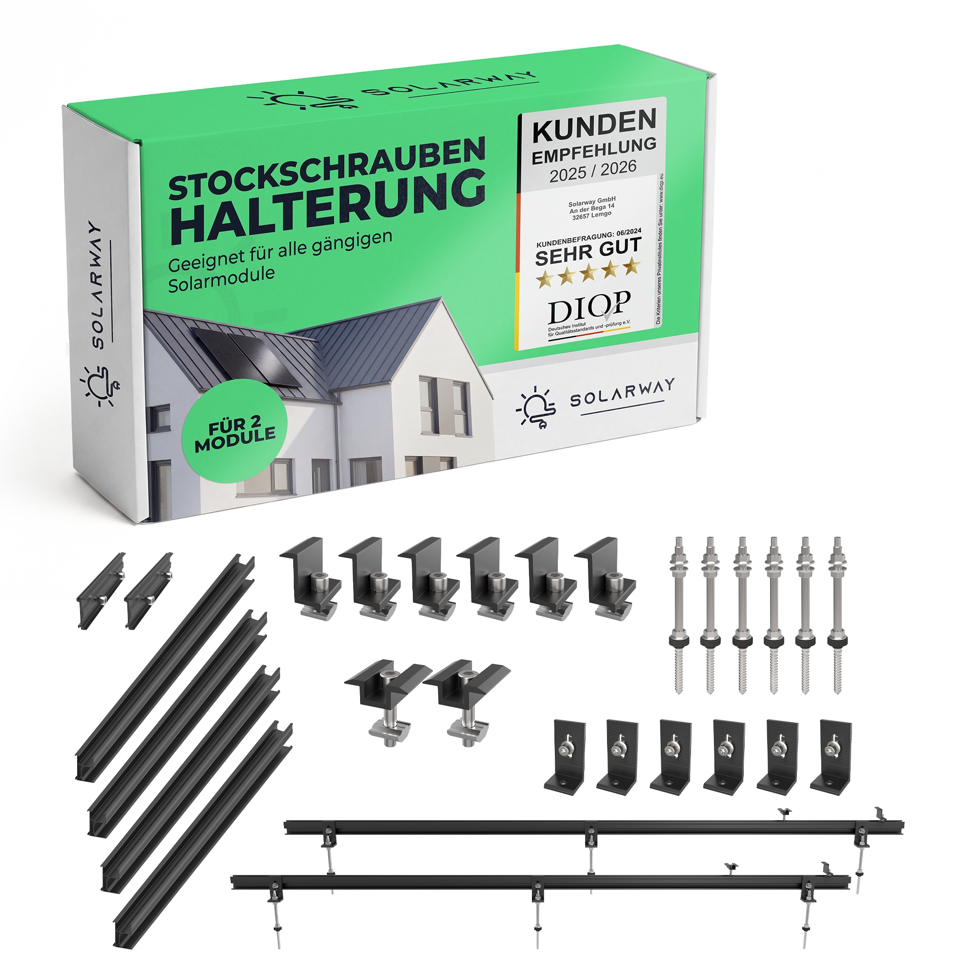 Solarway Balkonkraftwerk Halterung |Schwarz | Stockschrauben Montageset f&uuml;r Blechdach, Holzdach & Welldach | F&uuml;r 2 Solarmodule - Bild 1