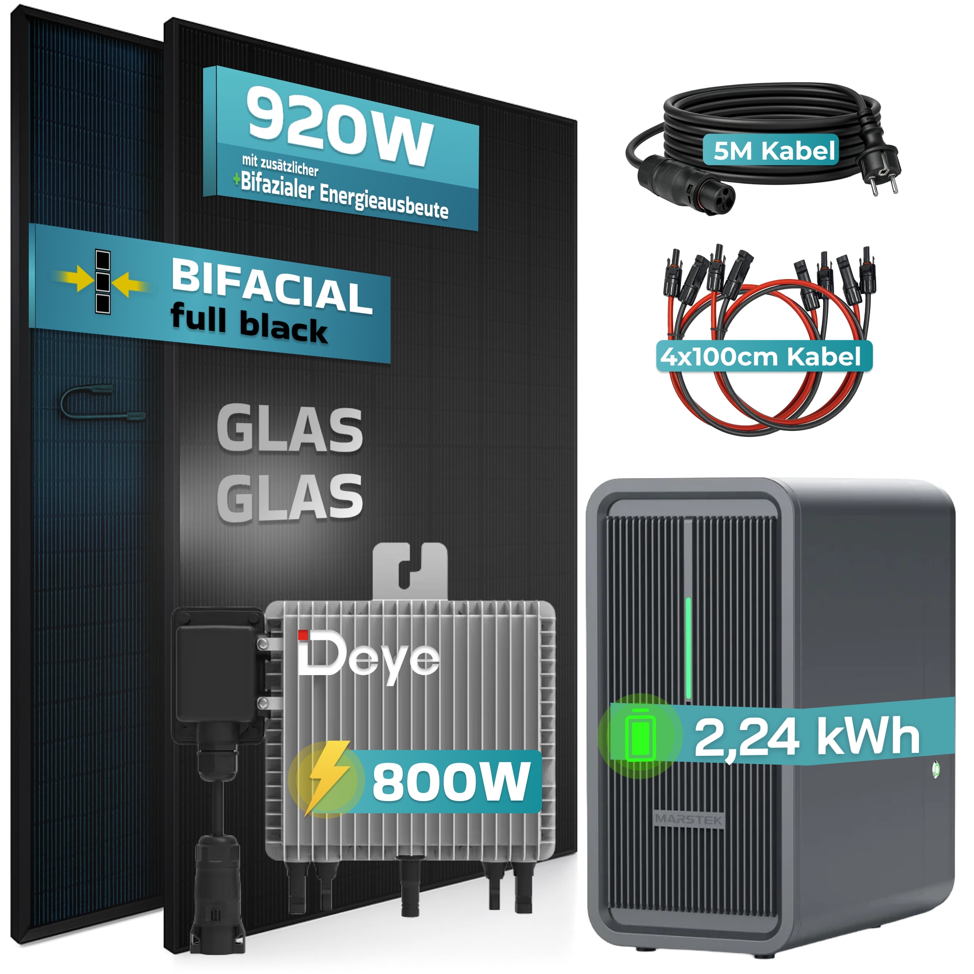 SUNNIVA&reg; 920W Balkonkraftwerk Deye mit 2,24 kWh Speicher Marstek B2500-D, BIFAZIAL FULLBLACK komplett Steckdose, PV Solaranlage Komplettset mit Solarspeicher, 2x 460W N-Type Glas-Glas Bifacial Module - Bild 1