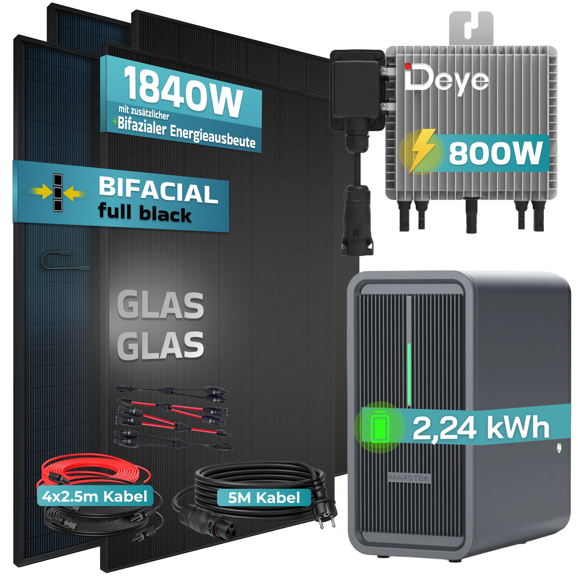 SUNNIVA&reg; 1840W Balkonkraftwerk Deye mit 2,24 kWh Speicher Marstek B2500-D, BIFAZIAL FULLBLACK komplett Steckdose, PV Solaranlage Komplettset mit Solarspeicher, 4x 460W N-Type Glas-Glas Bifacial Module - Bild 1
