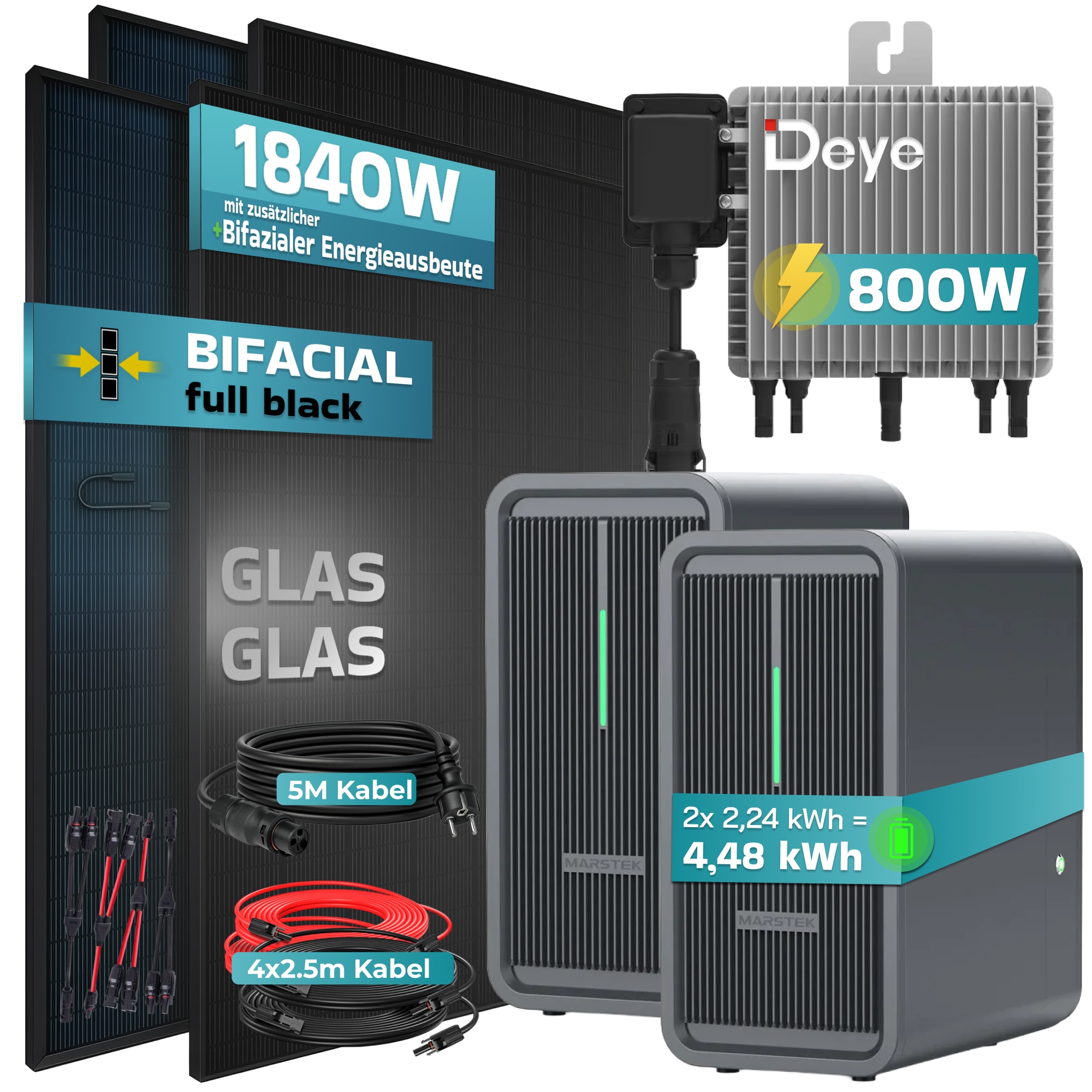 SUNNIVA&reg; 1840W Balkonkraftwerk Deye mit 4,48 kWh Speicher Marstek B2500-D, BIFAZIAL FULLBLACK komplett Steckdose, PV Solaranlage Komplettset mit Solarspeicher, 4x 460W N-Type Glas-Glas Bifacial Module - Bild 1