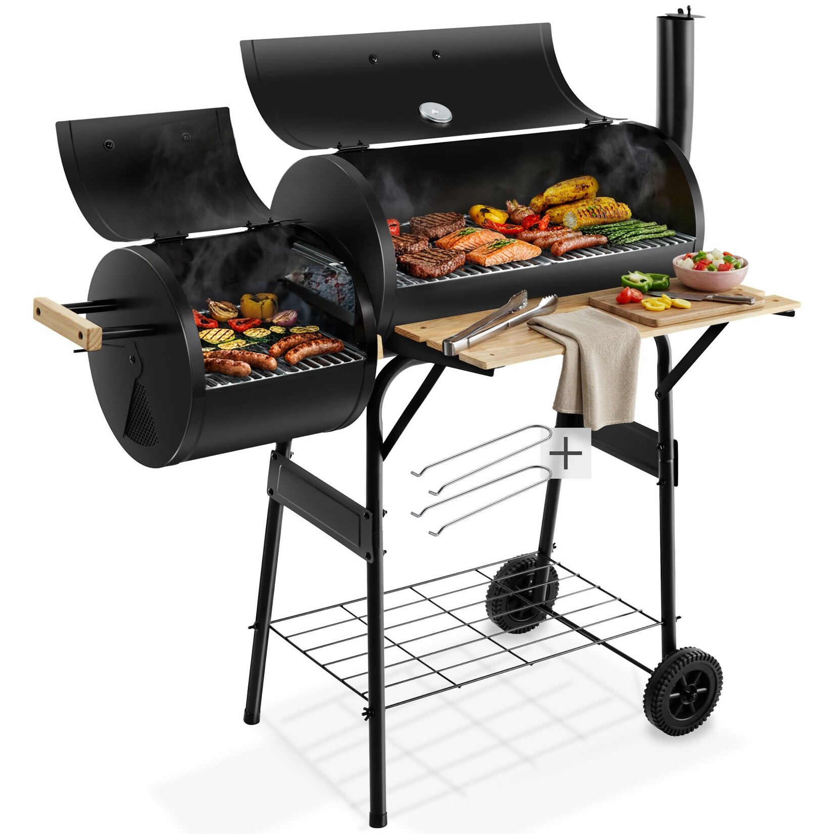 tectake® Holzkohlegrill, 2 in 1, zum Grillen und Räuchern, mit 2 Rädern, mit Thermometer, 110 x 60 x 116 cm