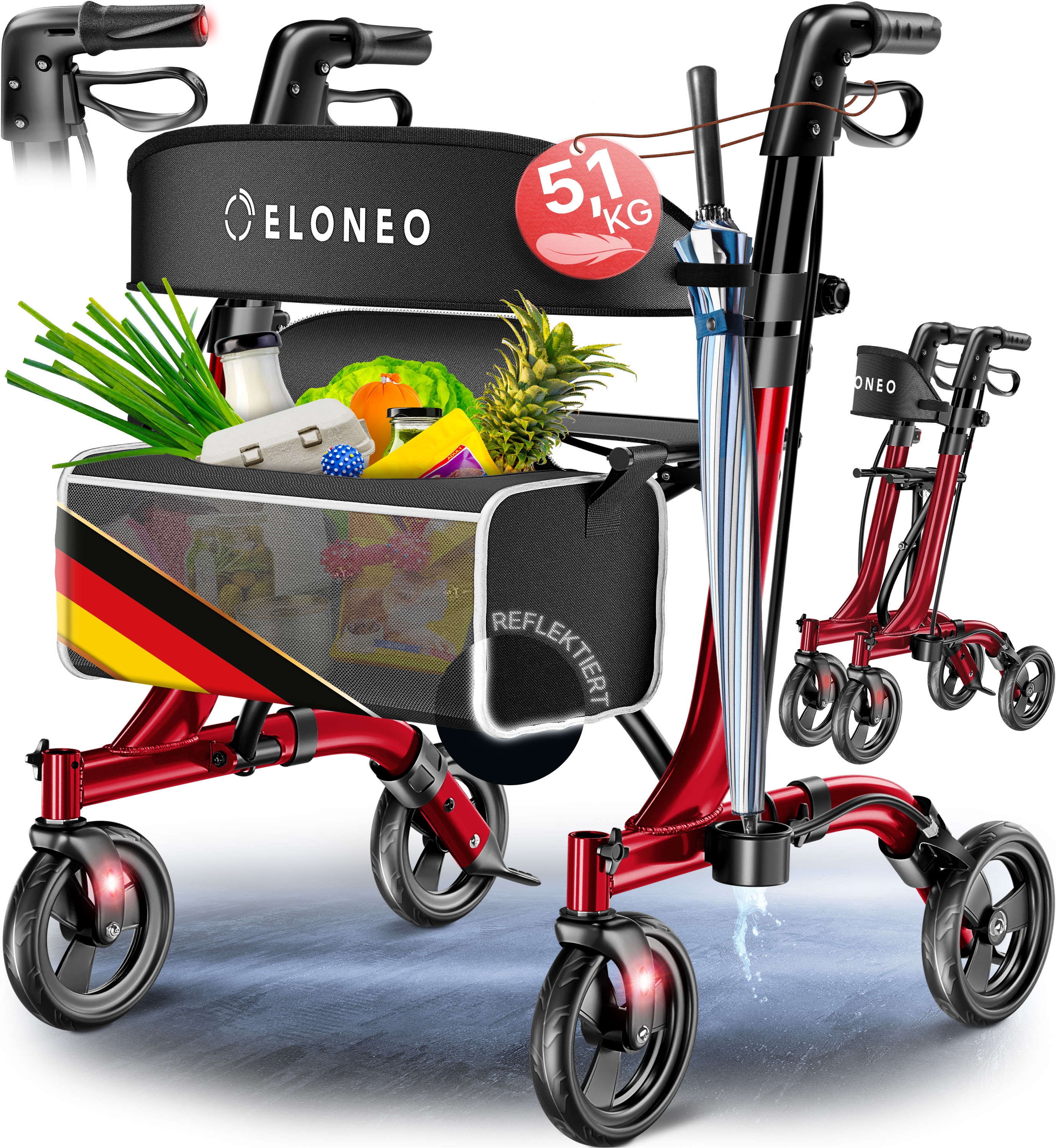 ELONEO Rollator faltbar und leicht mit Sitz - ultraleicht (5,1kg), Leichtgewicht-Reiserollator aus Aluminium, Gehhilfe h&ouml;henverstellbar und faltbar, Laufhilfe mit Tasche & Schirmhalter, Rot - Bild 1