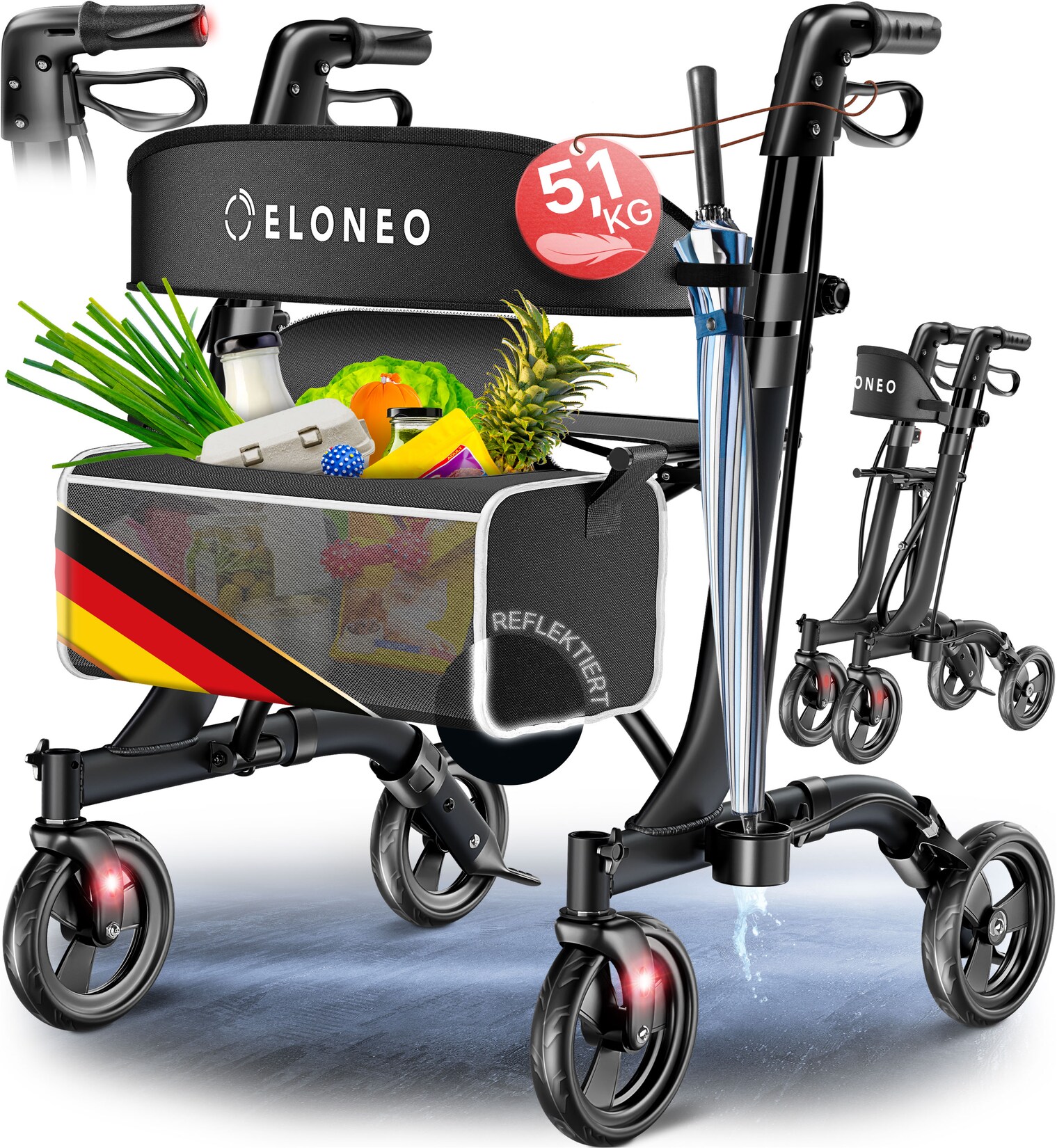 ELONEO Rollator faltbar und leicht mit Sitz - ultraleicht (), Leichtgewicht-Reiserollator aus Aluminium, Gehhilfe höhenverstellbar und faltbar, Laufhilfe mit Tasche & Schirmhalter, schwarz