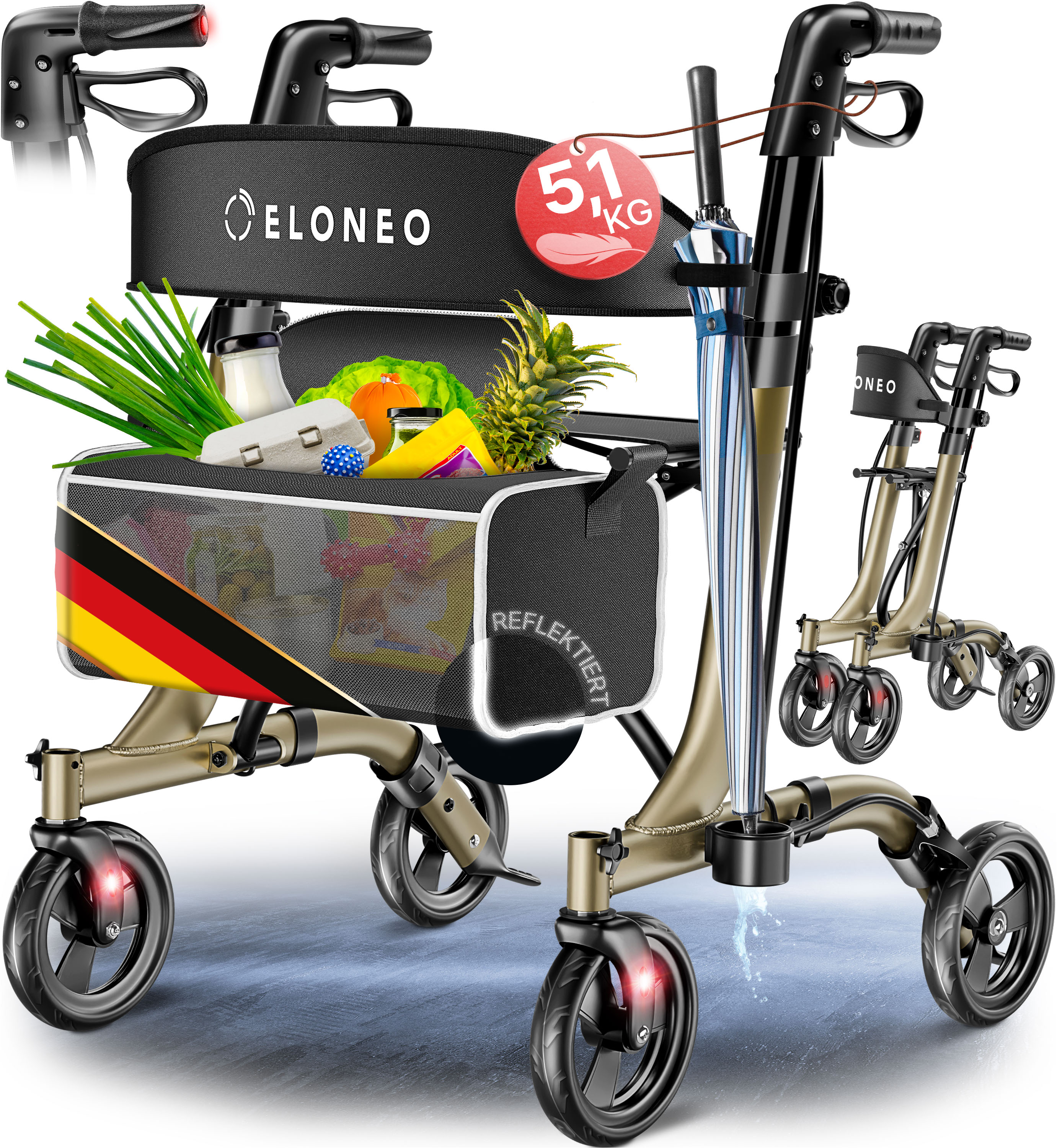 ELONEO Rollator faltbar und leicht mit Sitz - ultraleicht (5,1kg), Leichtgewicht-Reiserollator aus Aluminium, Gehhilfe h&ouml;henverstellbar und faltbar, Laufhilfe mit Tasche & Schirmhalter, champagner - Bild 1