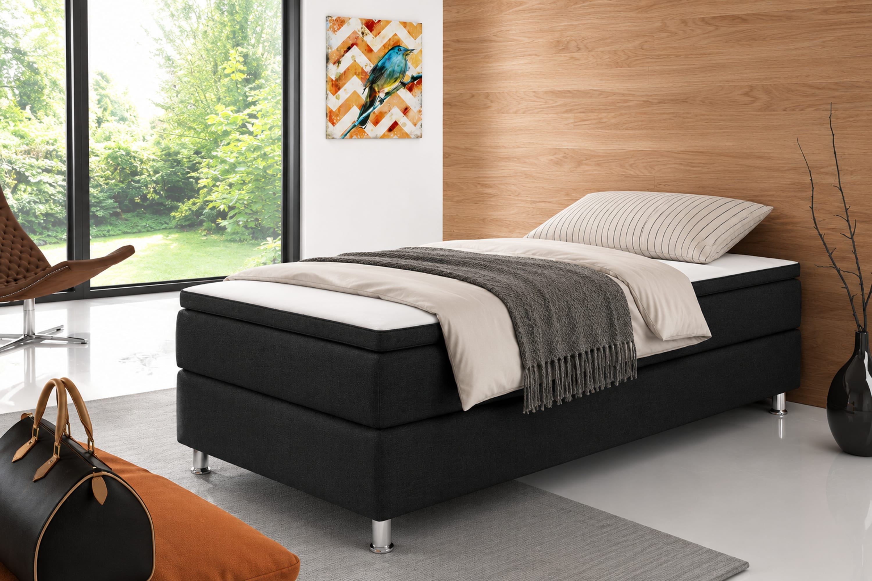 Box 90 cm mit 7 Zonen Taschenfederkernmatratze und Topper Webstoff Schwarz - Bild 1