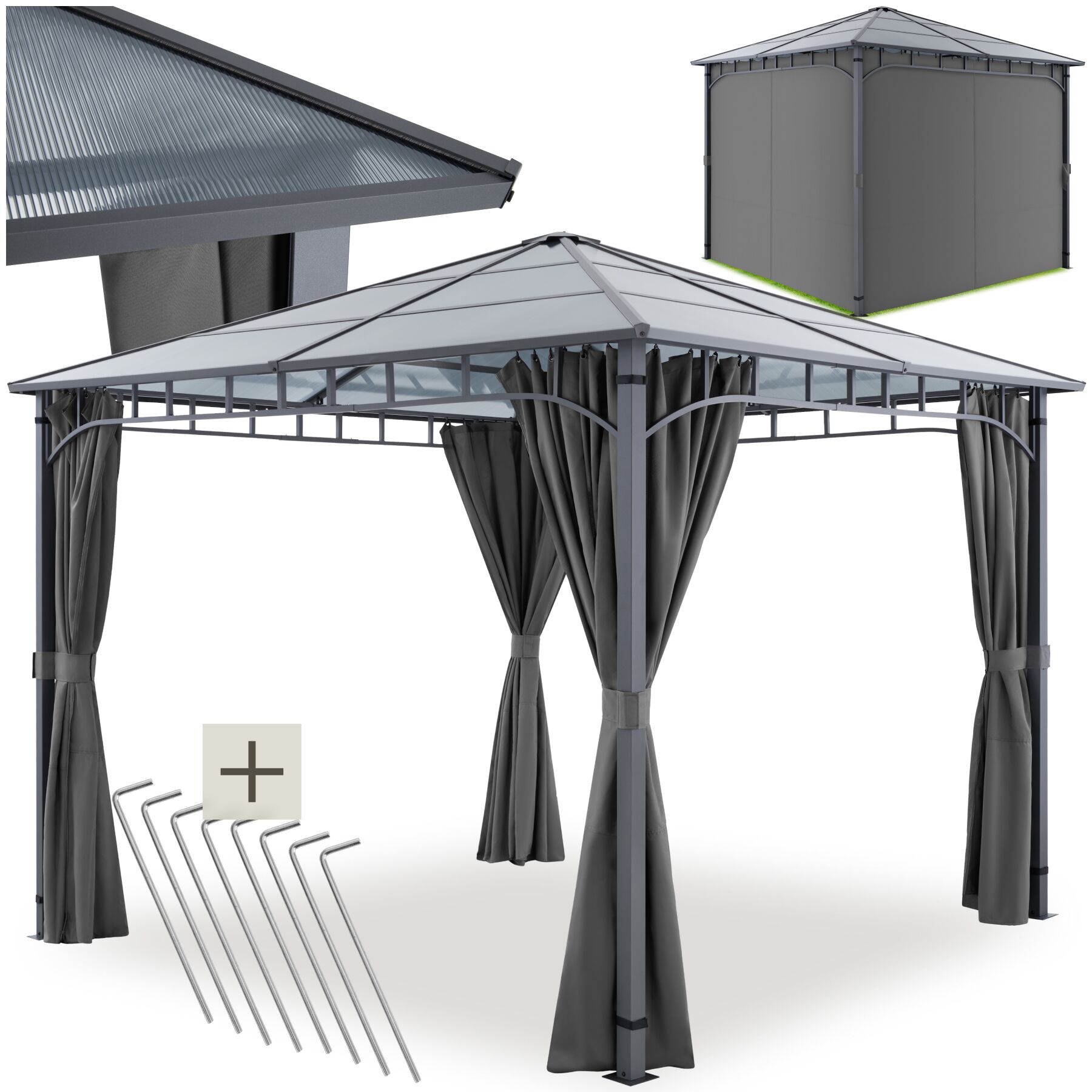 tectake&reg; Gartenpavillon, mit Aluminiumgestell, pulverbeschichtet, lichtdurchl&auml;ssiges Dach aus Polycarbonat-Platten, inklusive 8 Heringen - Bild 1