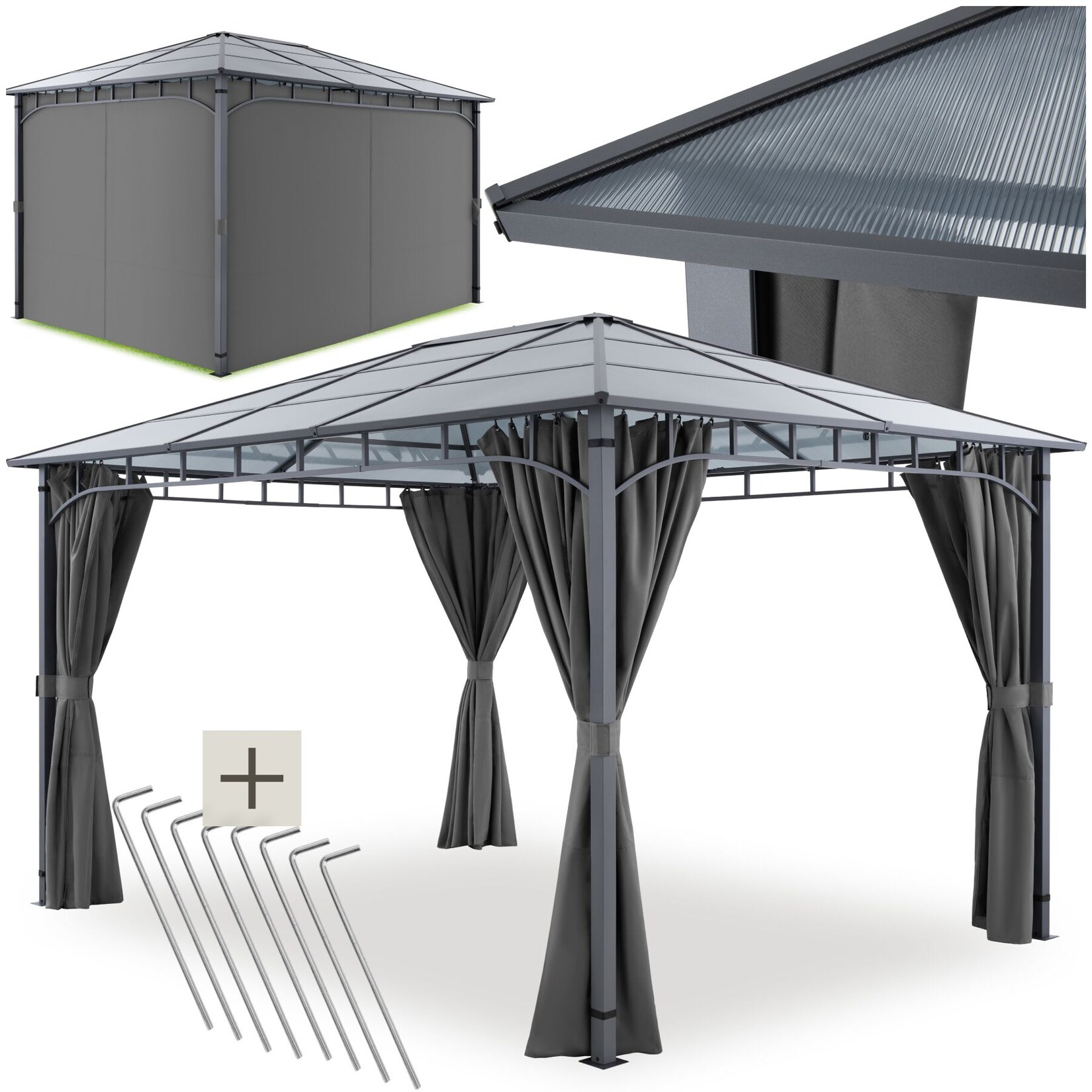 tectake® Gartenpavillon, mit Aluminiumgestell, pulverbeschichtet, lichtdurchlässiges Dach aus Polycarbonat-Platten, inklusive 8 Heringen
