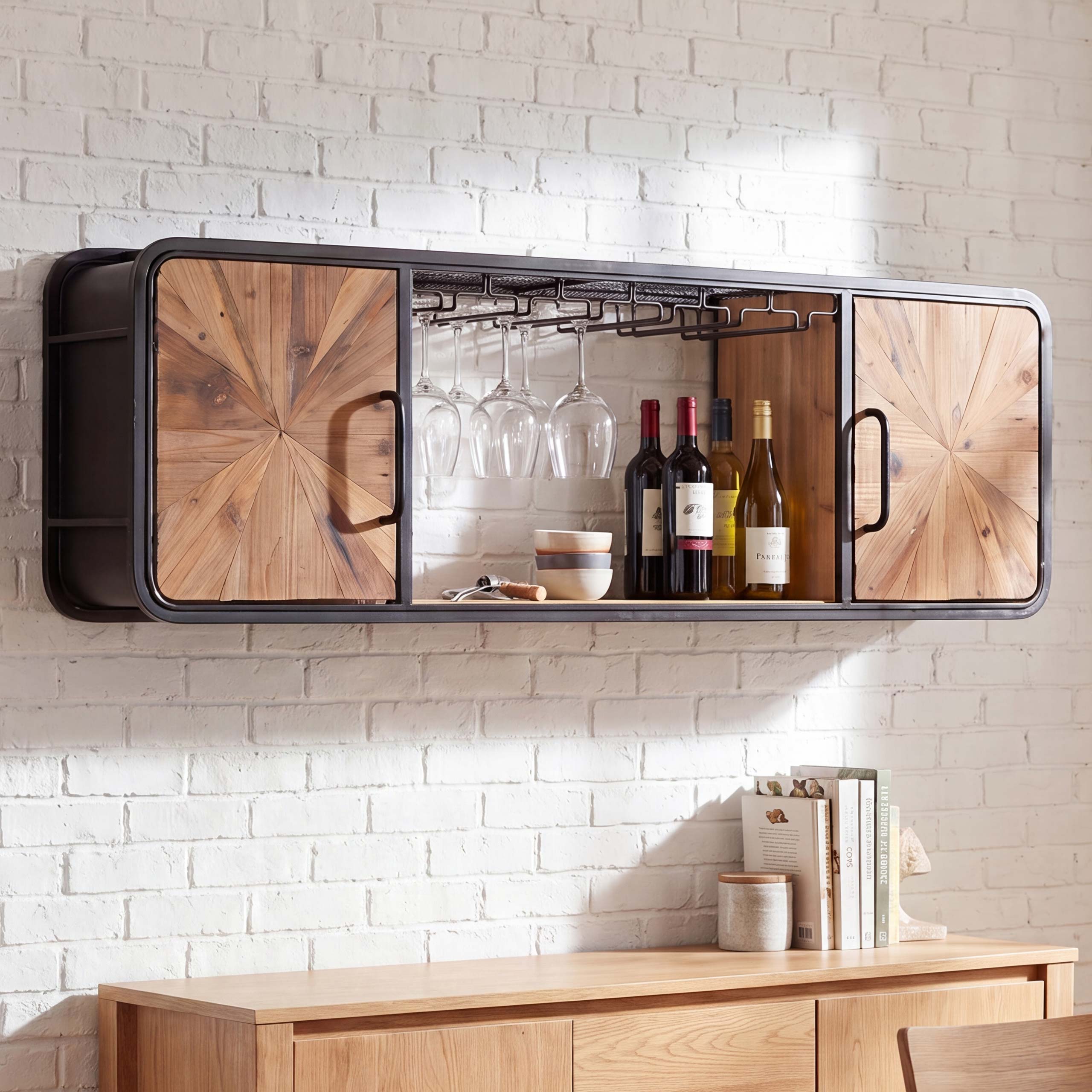 Weinregal MCW-Q82, Glas-/Flaschenhalter Wandregal Weinhalter, Metall Holz 39x120x23cm ~ braun, schwarz - Bild 1