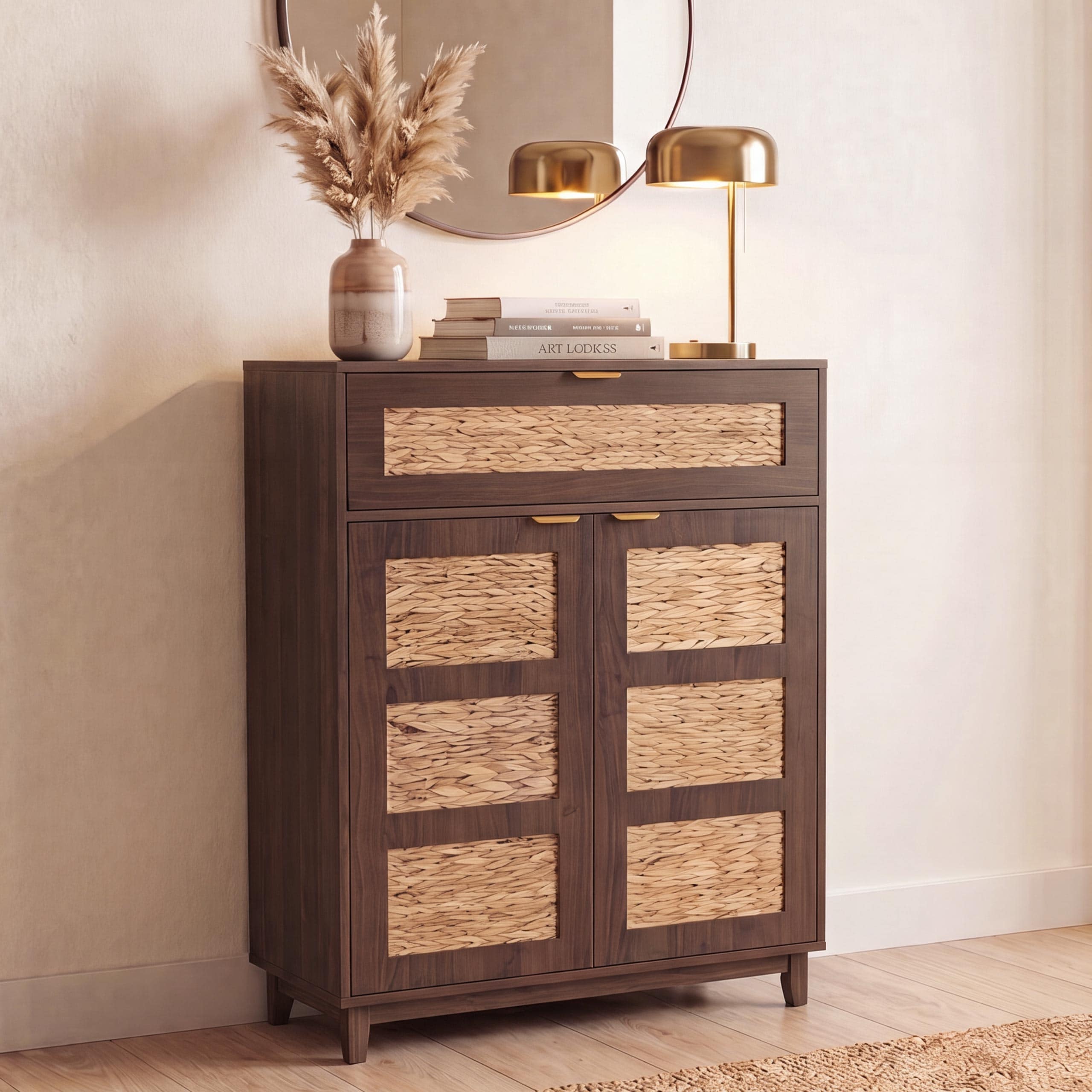Kommode MCW-P54, Schrank Sideboard Highboard, MDF Melamin Wasserhyazinthefront 115x80x35cm ~ Walnuss-Optik - Bild 1