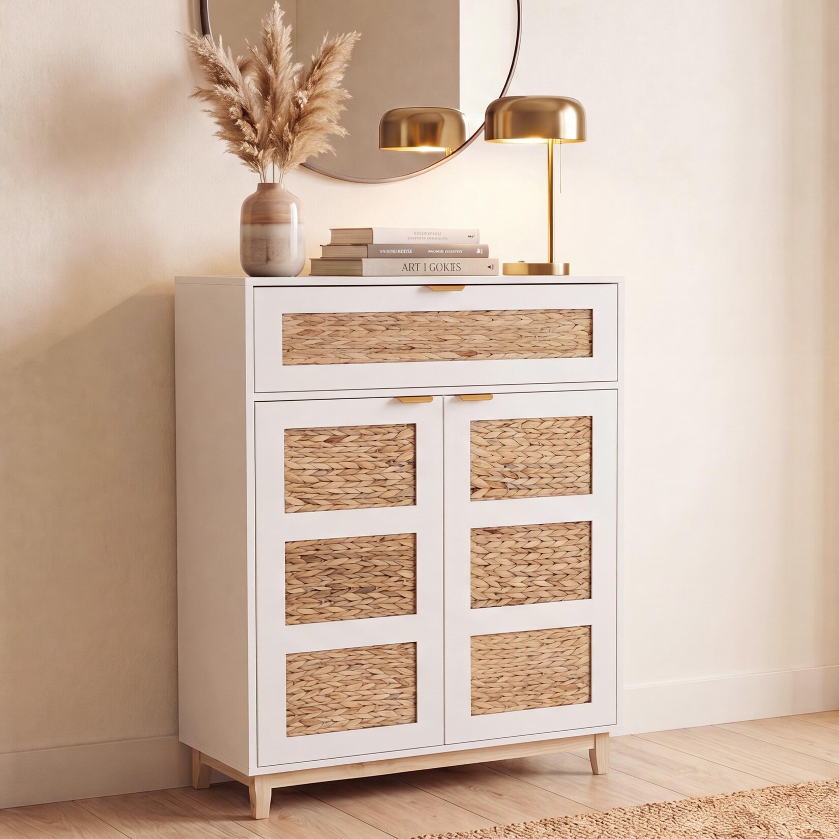 Kommode MCW-P54, Schrank Sideboard Highboard, MDF Melamin Wasserhyazinthefront 115x80x35cm ~ weiß