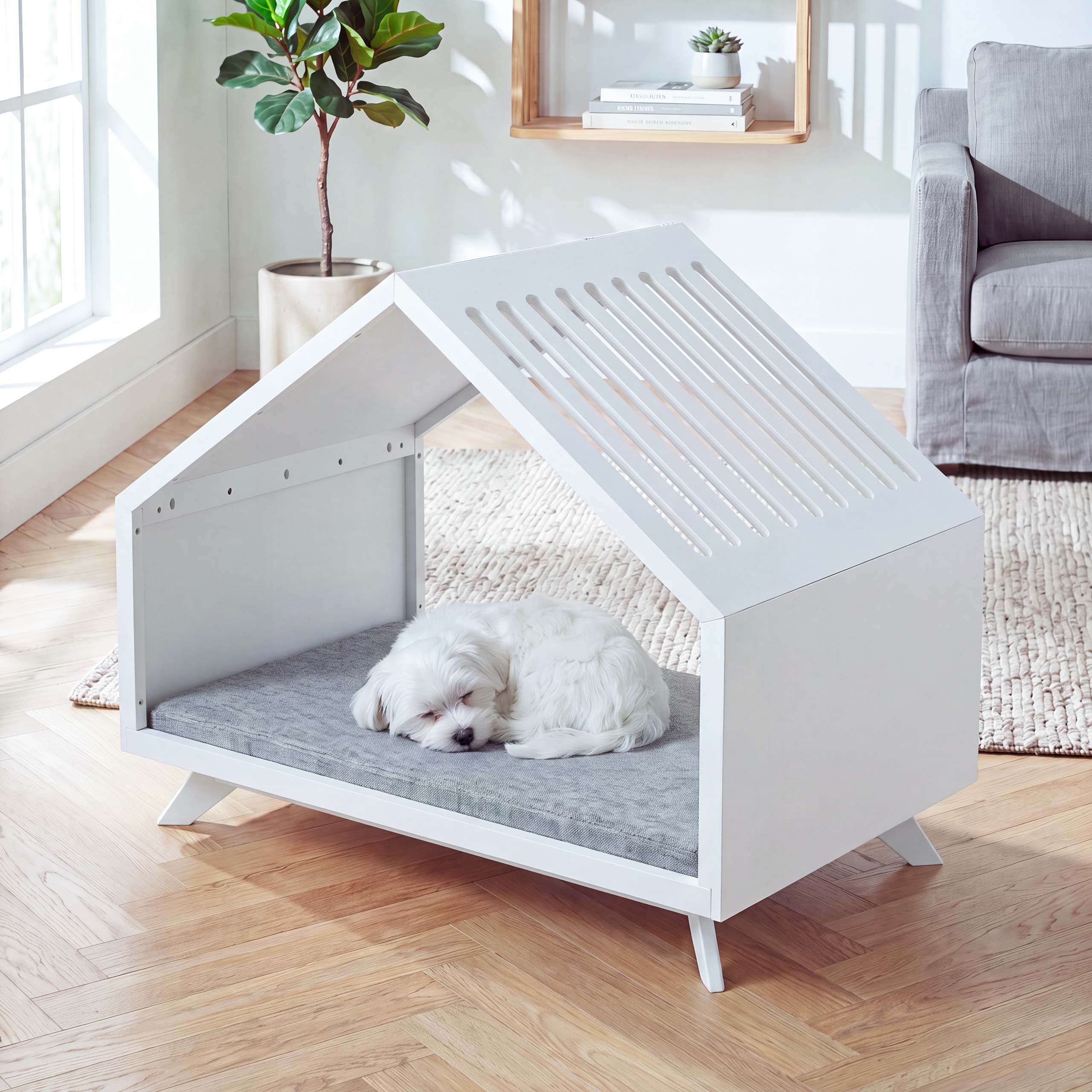 Schlafh&uuml;tte MCW-Q65, f&uuml;r Haustiere Katzen-/Hundebett Tierhaus Holz MVG 80x100x60cm ~ wei&szlig;, Kissen grau - Bild 1
