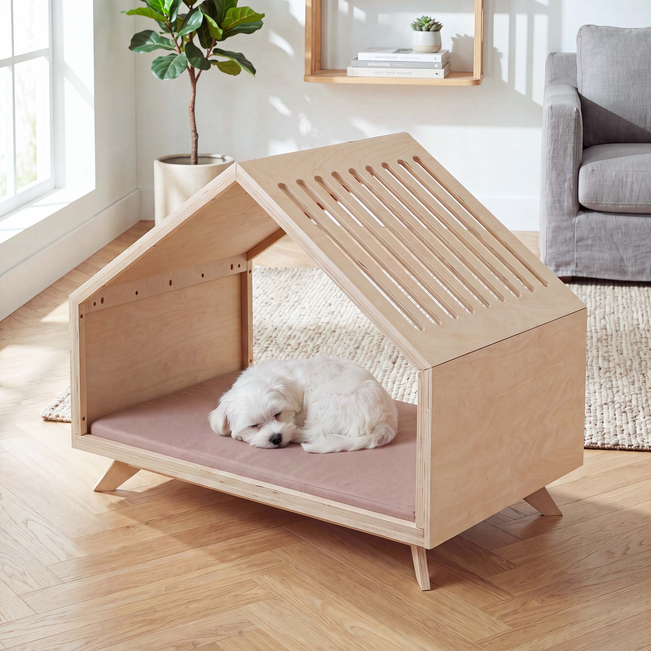 Schlafh&uuml;tte MCW-Q65, f&uuml;r Haustiere Katzen-/Hundebett Tierhaus Holz MVG 80x100x60cm ~ natur, Kissen beige - Bild 1