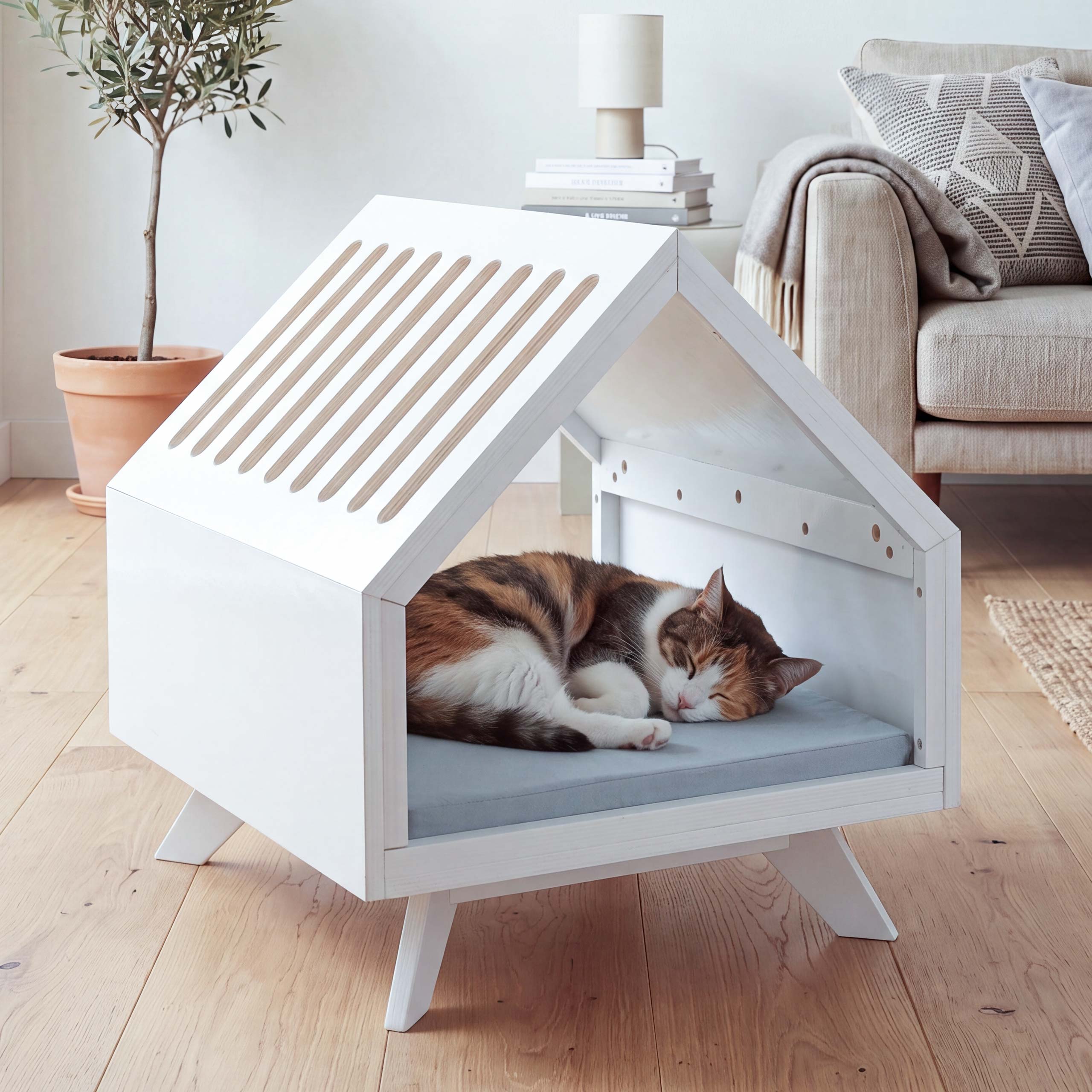 Schlafh&uuml;tte MCW-Q65, f&uuml;r Haustiere Katzen-/Hundebett Tierhaus Holz MVG 58x50x60cm ~ wei&szlig;, Kissen grau - Bild 1