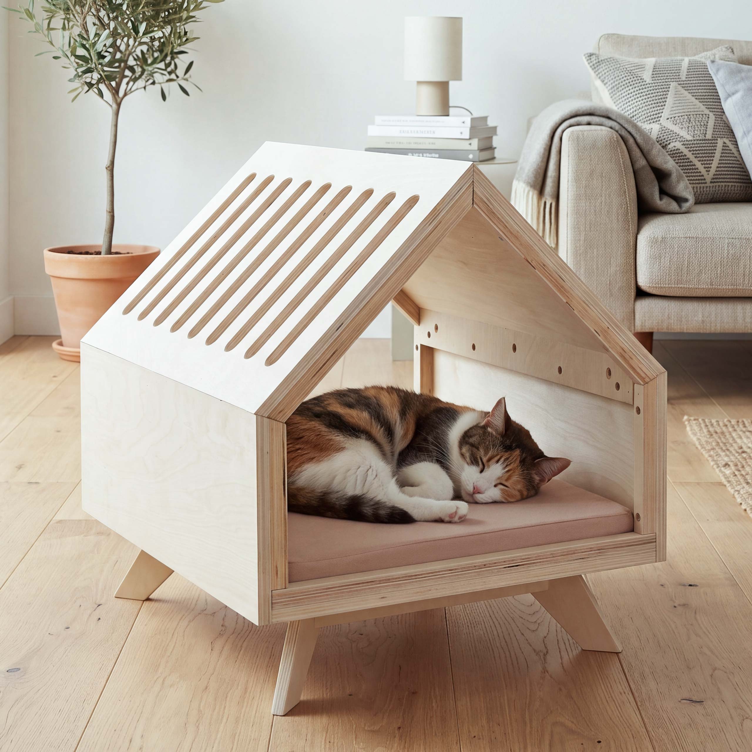 Schlafh&uuml;tte MCW-Q65, f&uuml;r Haustiere Katzen-/Hundebett Tierhaus Holz MVG 58x50x60cm ~ natur, Kissen beige - Bild 1