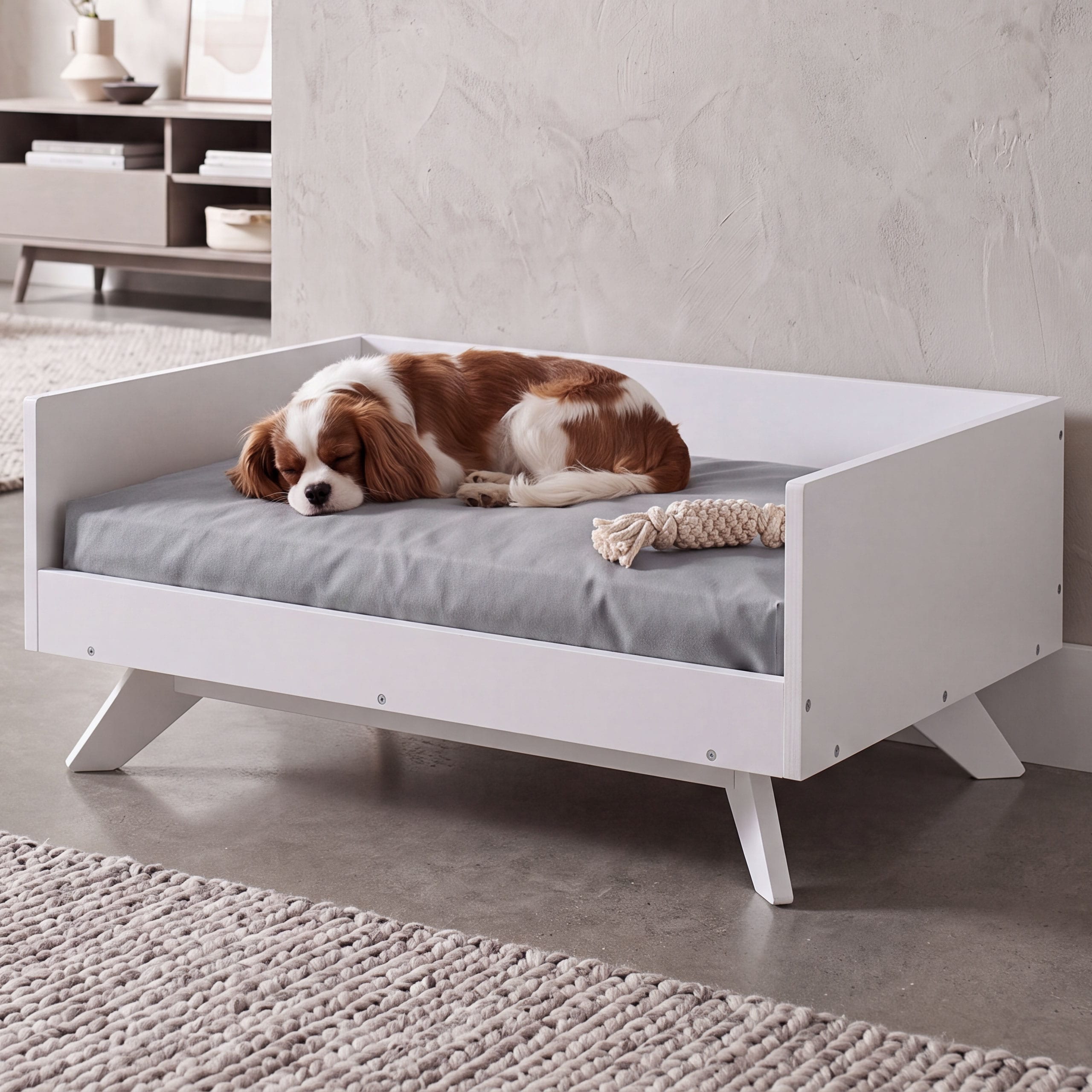 Tierbett MCW-Q64, Haustierbett Katzen-/Hundebett Tierk&ouml;rbchen Tierliege, Holz MVG 32x72x50cm ~ wei&szlig;, Kissen grau - Bild 1