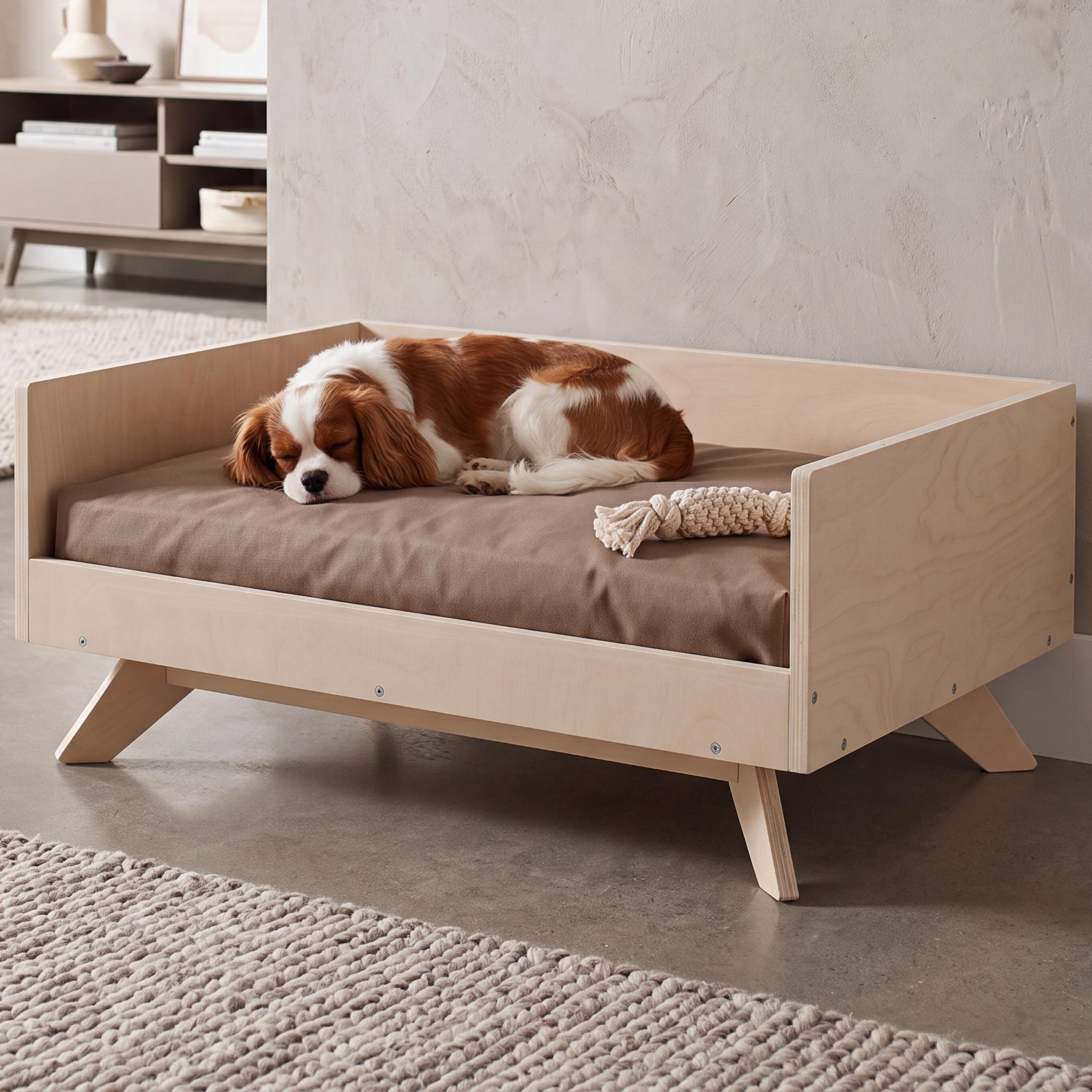 Tierbett MCW-Q64, Haustierbett Katzen-/Hundebett Tierk&ouml;rbchen Tierliege, Holz MVG 32x72x50cm ~ natur, Kissen beige - Bild 1