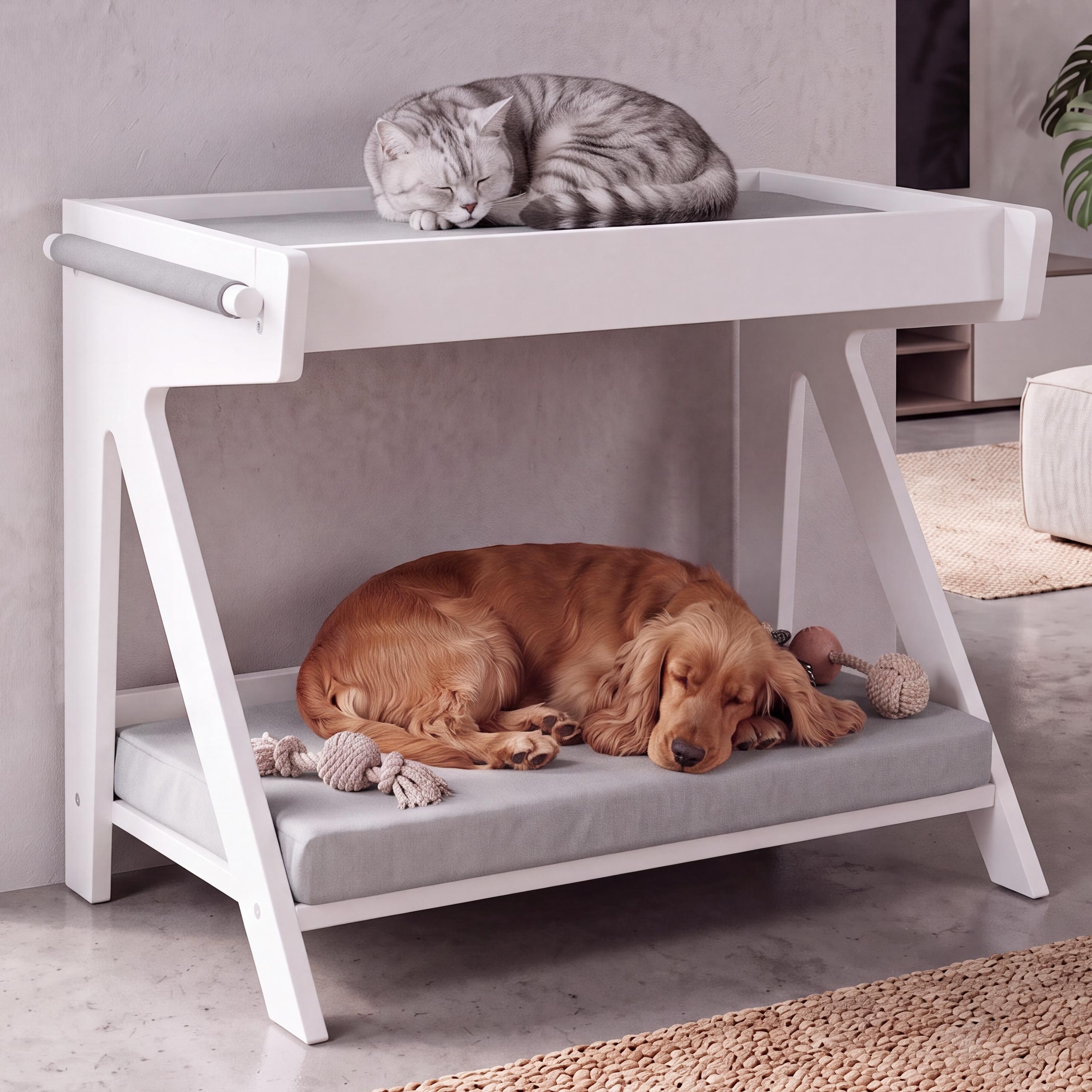 Tierbett MCW-Q63, f&uuml;r Haustiere Tierhaus Katzen-/Hundebett Haustierliege Holz MVG&nbsp;80x104x60cm ~ wei&szlig;, Kissen grau - Bild 1