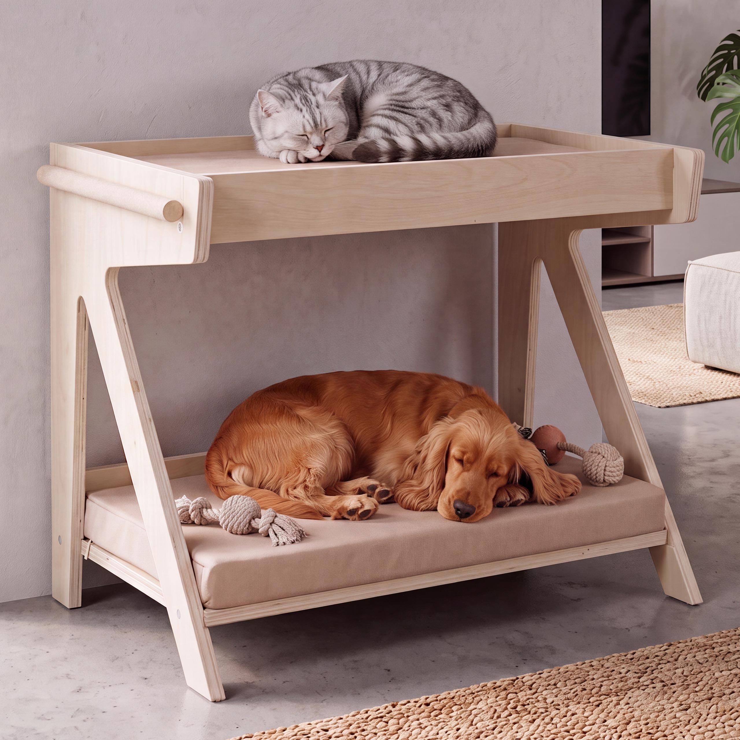 Tierbett MCW-Q63, f&uuml;r Haustiere Tierhaus Katzen-/Hundebett Haustierliege, Holz MVG&nbsp;80x104x60cm ~ natur, Kissen beige - Bild 1