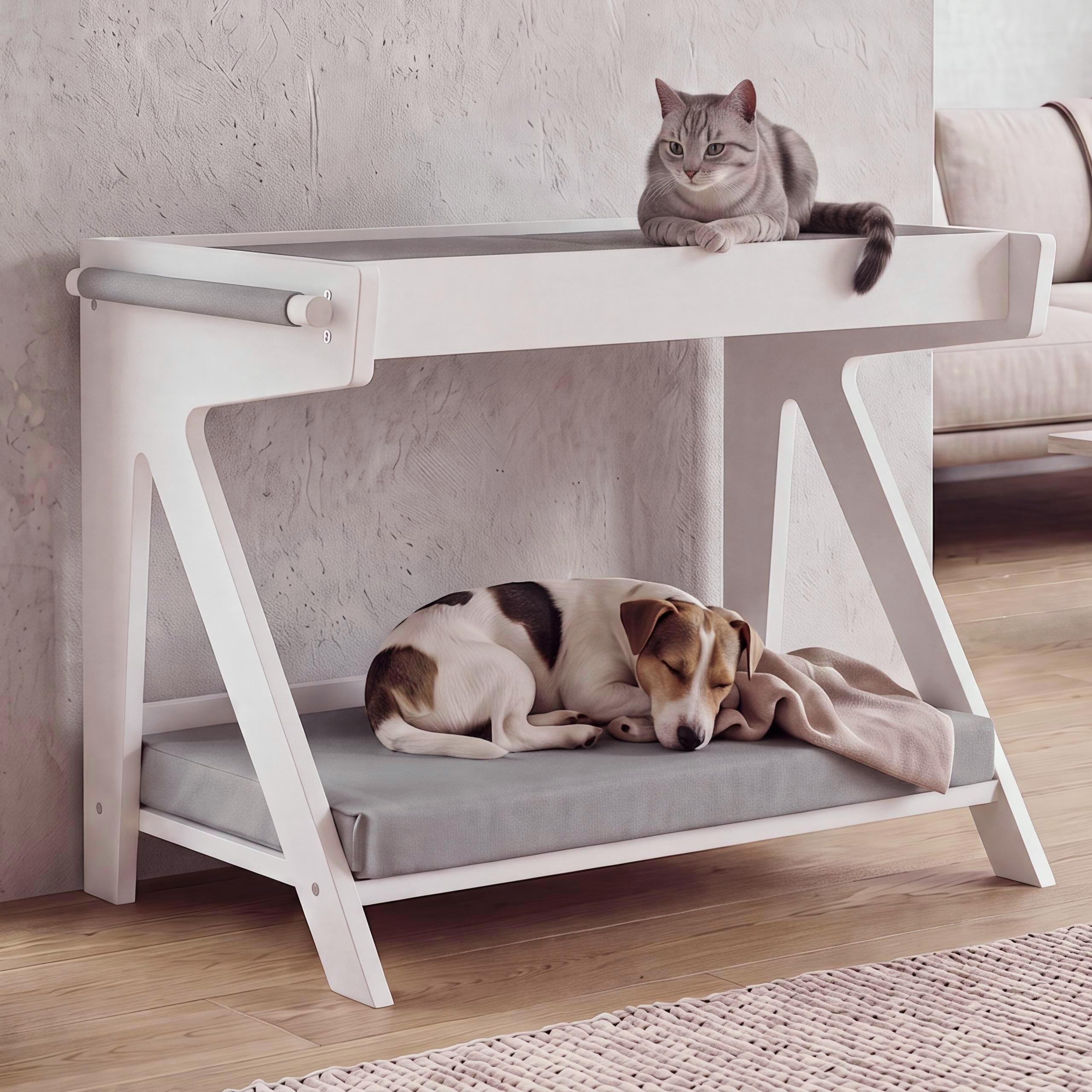 Tierbett MCW-Q63, f&uuml;r Haustiere Tierhaus Katzen-/Hundebett Haustierliege Holz MVG&nbsp;45x61x38cm ~ wei&szlig;, Kissen grau - Bild 1