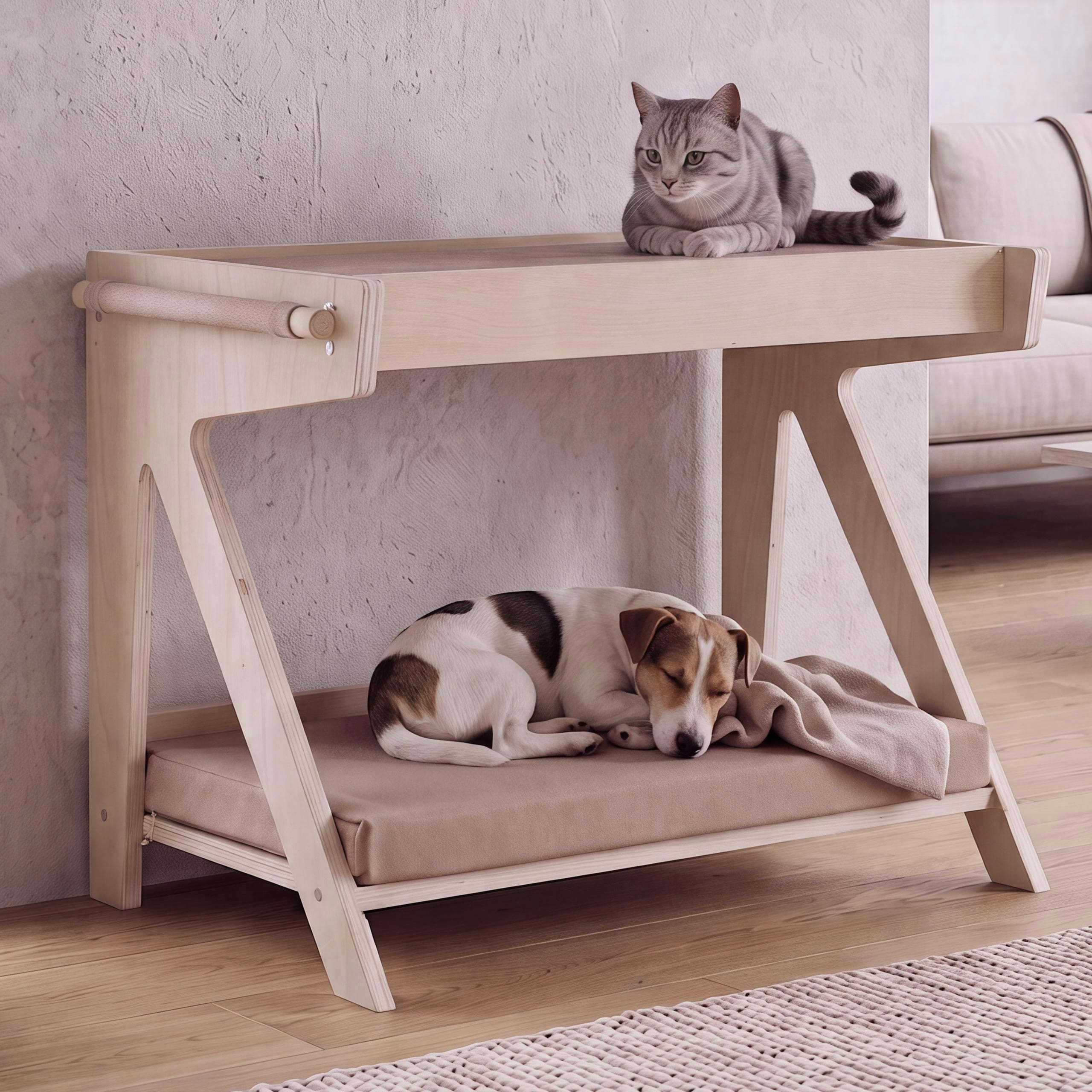 Tierbett MCW-Q63, f&uuml;r Haustiere Tierhaus Katzen-/Hundebett Haustierliege, Holz MVG&nbsp;45x61x38cm ~ natur, Kissen beige - Bild 1