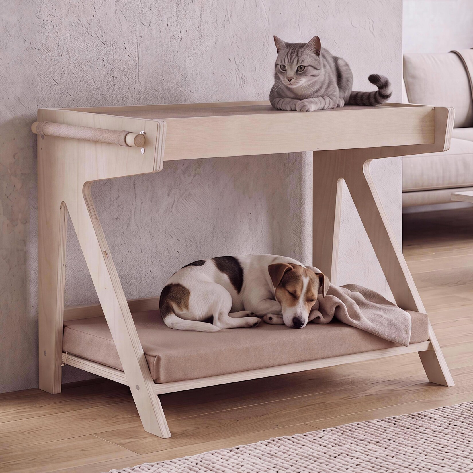 Tierbett MCW-Q63, für Haustiere Tierhaus Katzen-/Hundebett Haustierliege, Holz MVG 45x61x38cm ~ natur, Kissen beige