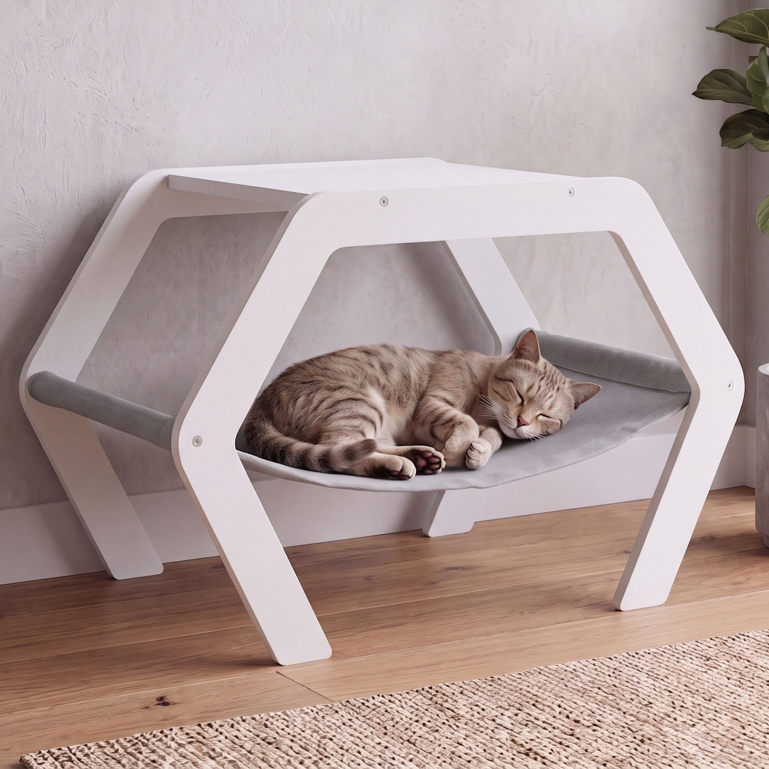 Katzenbett MCW-Q60, Plattform Haustierliege Katzenm&ouml;bel Ablage, Holz MVG 41x59x39cm ~ wei&szlig;, H&auml;ngematte grau - Bild 1