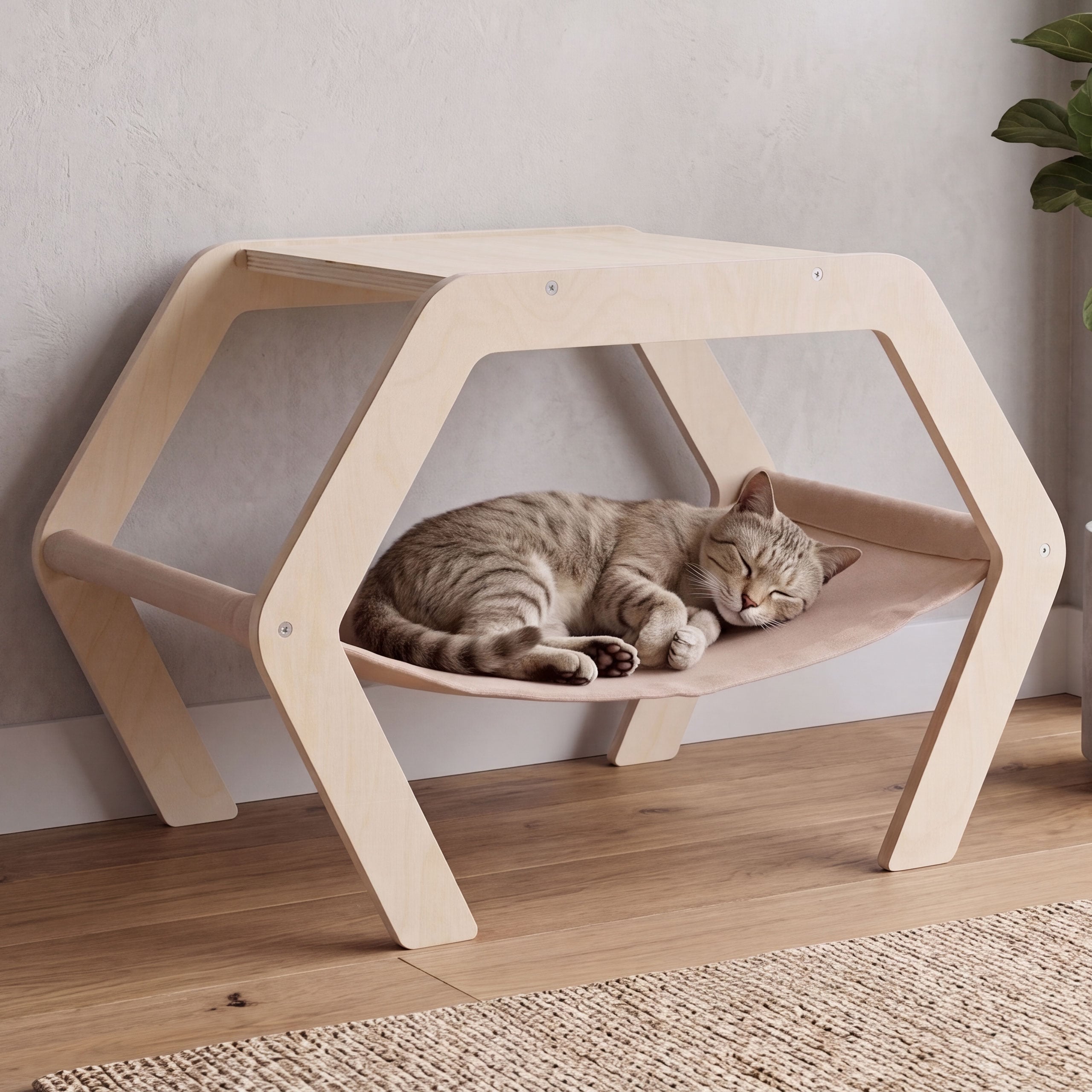 Katzenbett MCW-Q60, Plattform Haustierliege Katzenm&ouml;bel Ablage, Holz MVG 41x59x39cm ~ natur, H&auml;ngematte beige - Bild 1