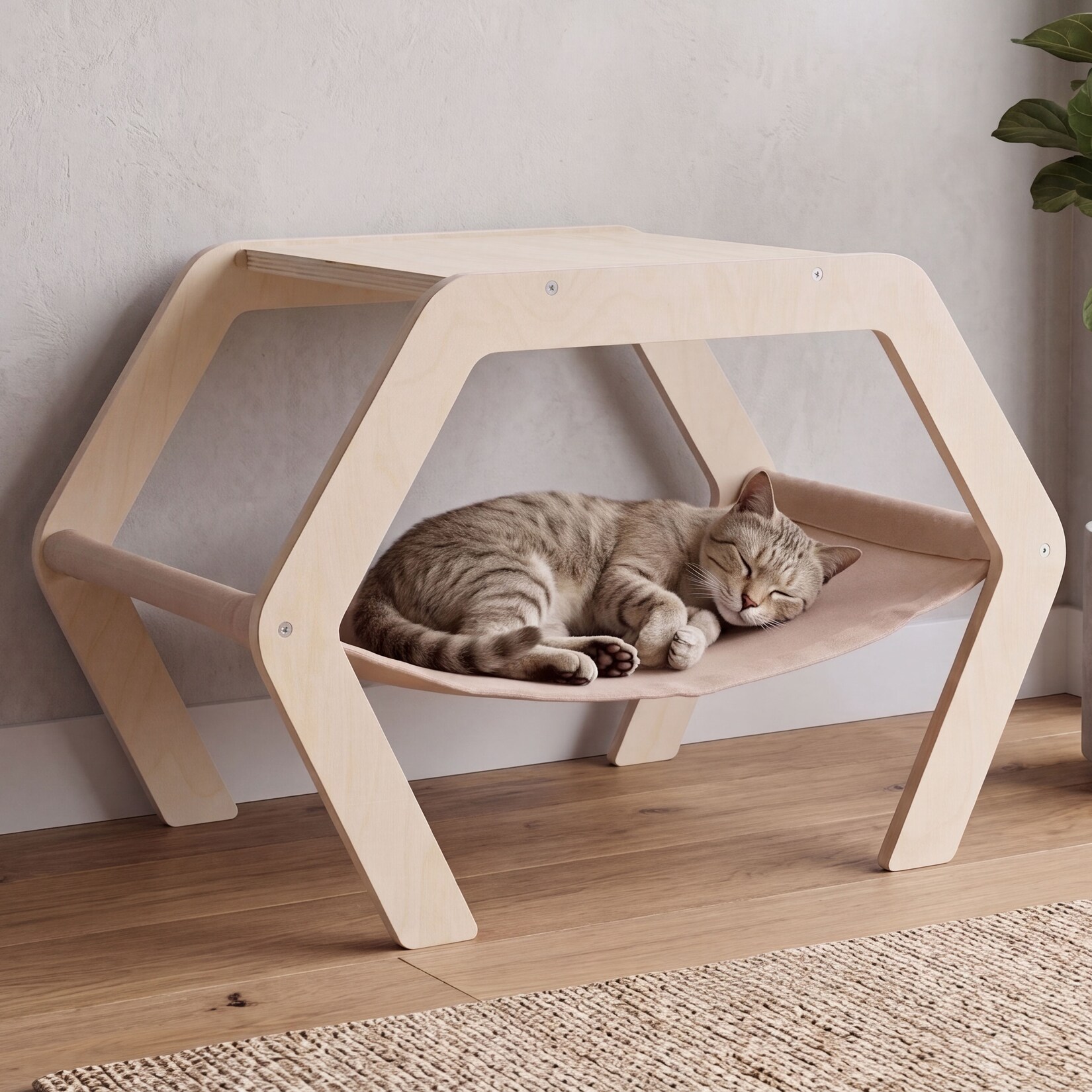 Katzenbett MCW-Q60, Plattform Haustierliege Katzenmöbel Ablage, Holz MVG 41x59x39cm ~ natur, Hängematte beige