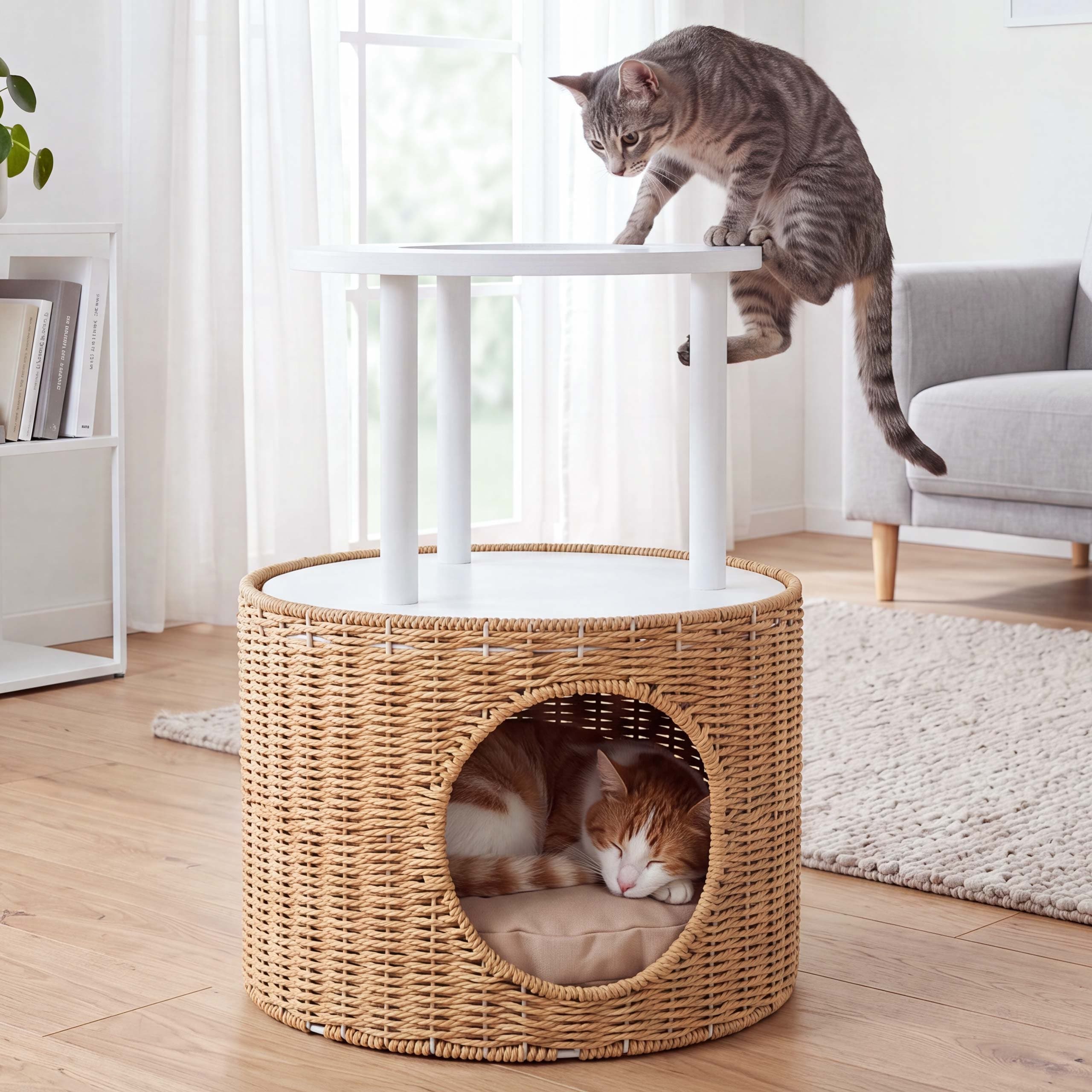 Katzenbett MCW-Q59, Katzenh&ouml;hle mit Kletterbereich Plattform Katzenkorb/-M&ouml;bel Holz MVG&nbsp;50x39x39cm ~ wei&szlig;, Kissen beige - Bild 1